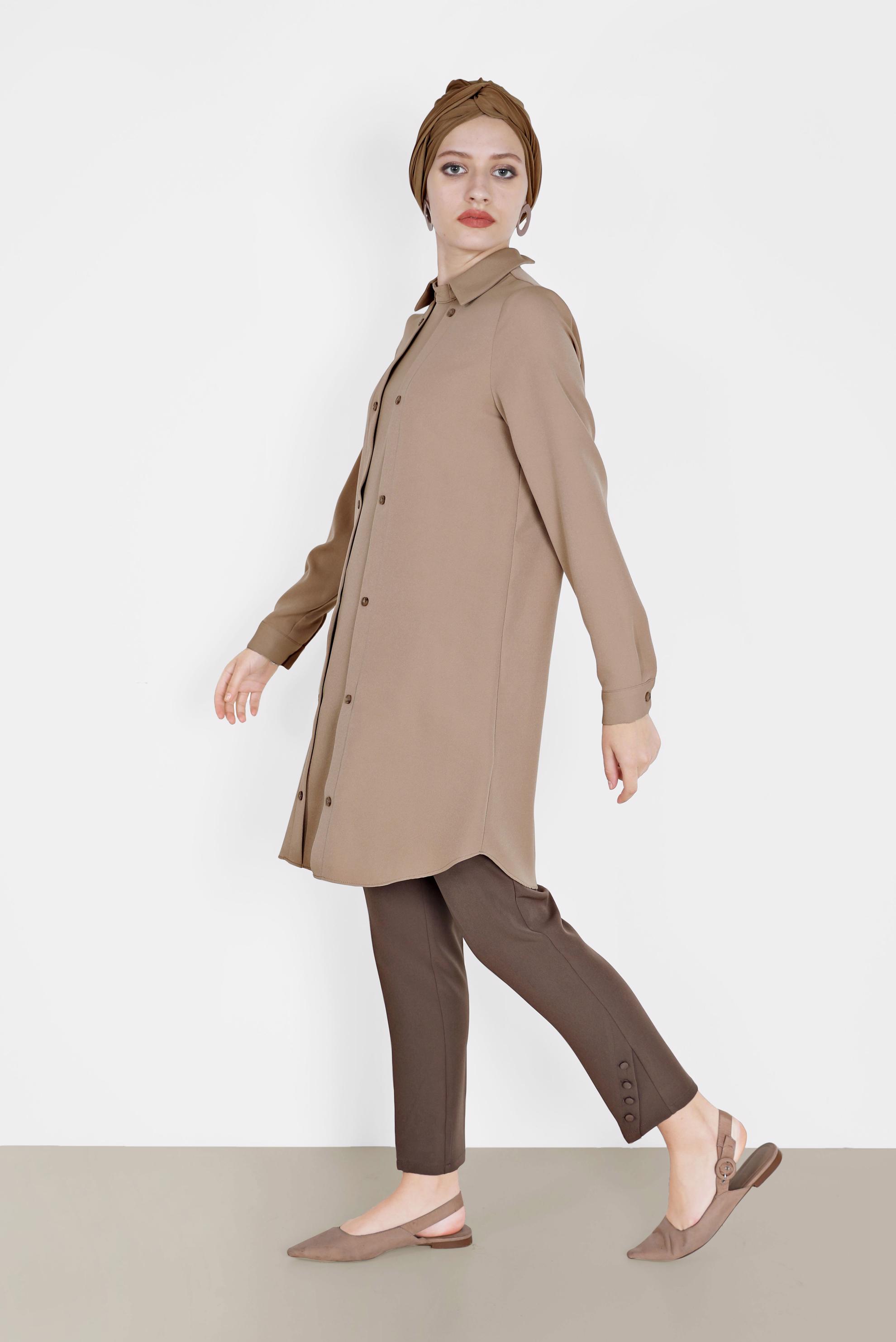 Tesettür giyim KAHVE DÜĞME DETAYLI TUNİK 42257 