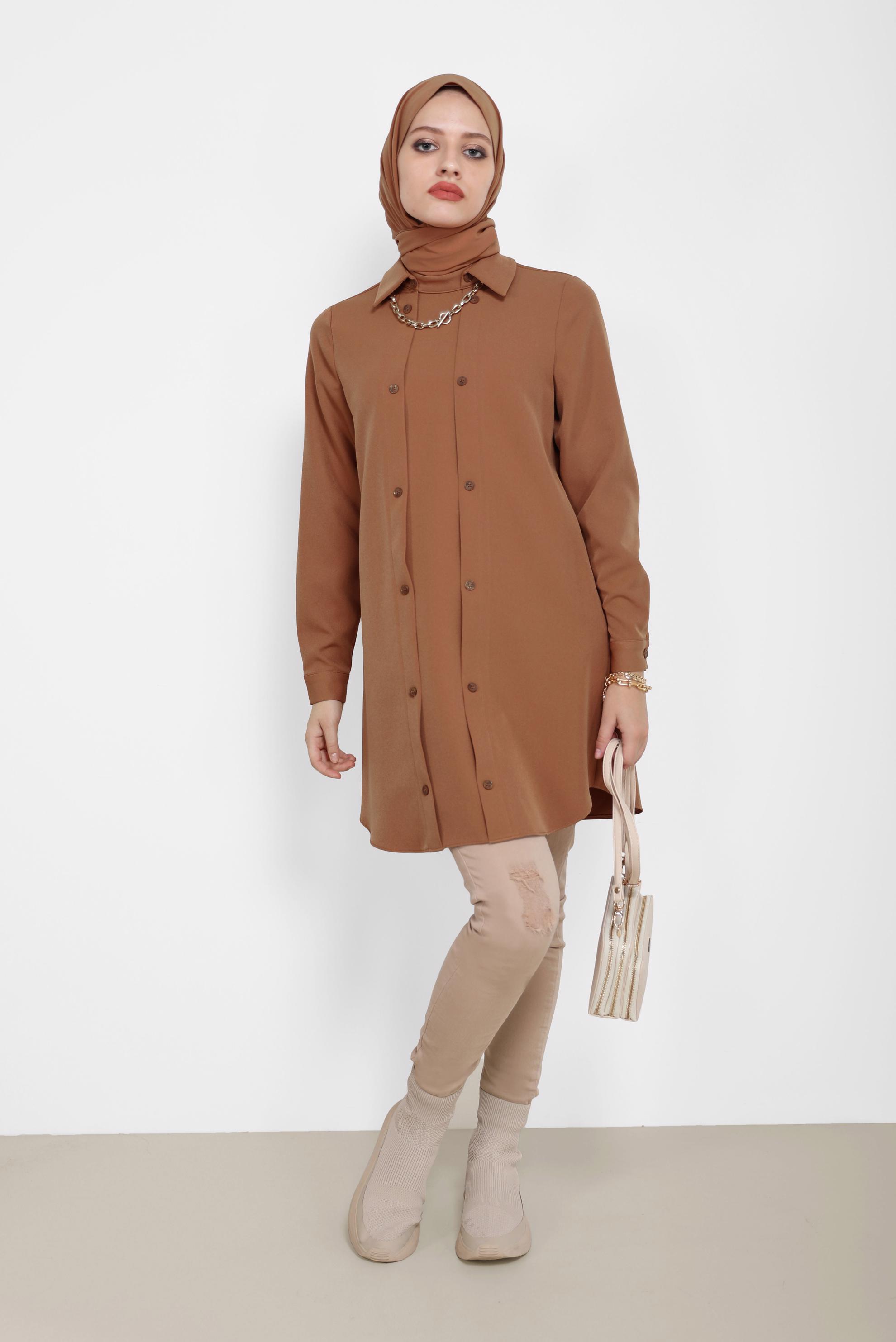 Tesettür giyim KAHVE DÜĞME DETAYLI TUNİK 42257 