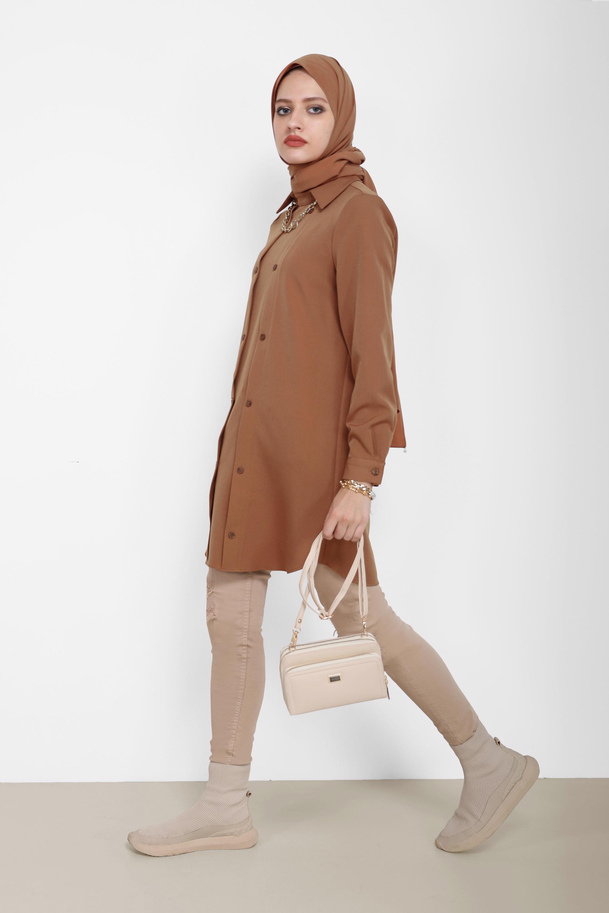 Tesettür giyim KAHVE DÜĞME DETAYLI TUNİK 42257 