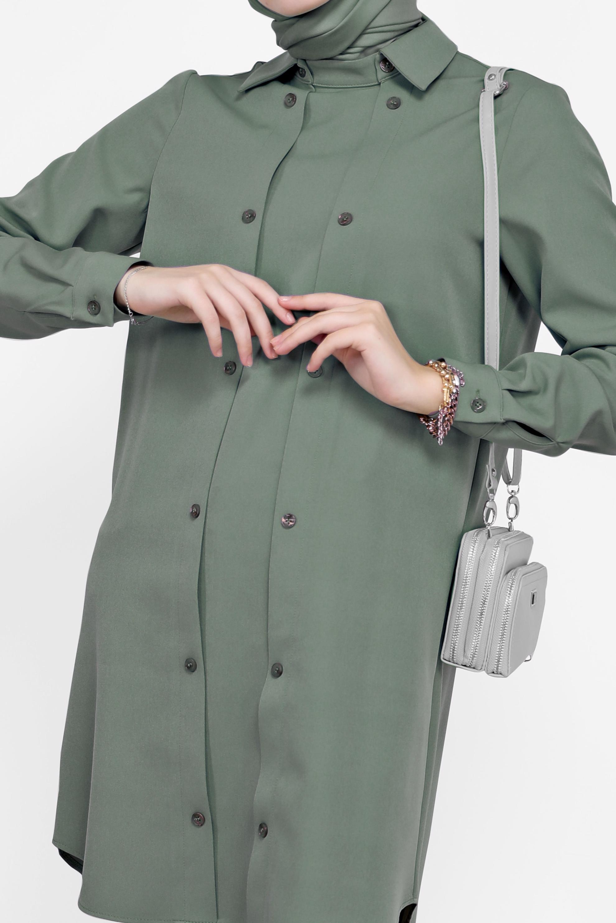 Tesettür giyim YEŞİL DÜĞME DETAYLI TUNİK 42257 