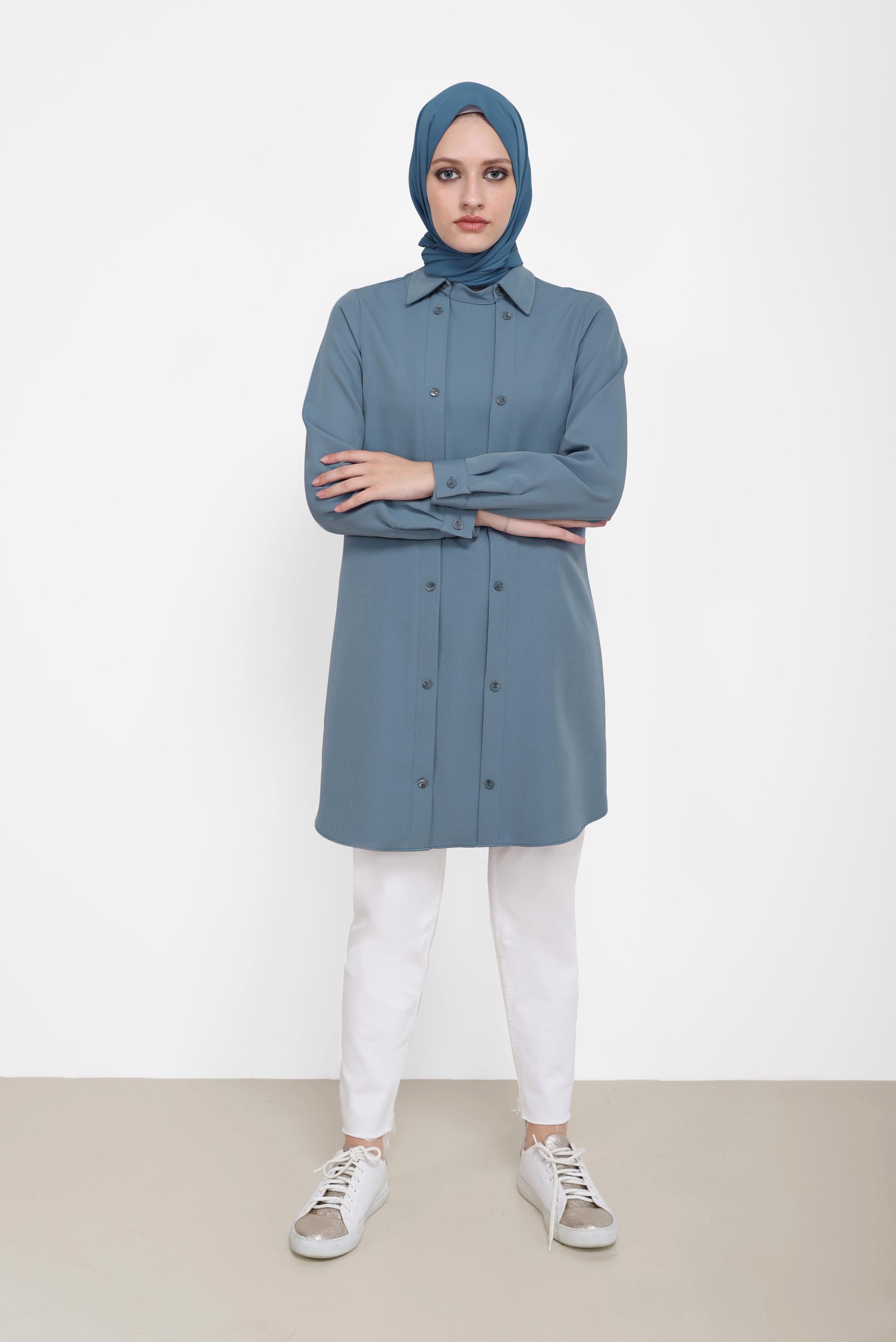 Tesettür giyim MAVİ DÜĞME DETAYLI TUNİK 42257 