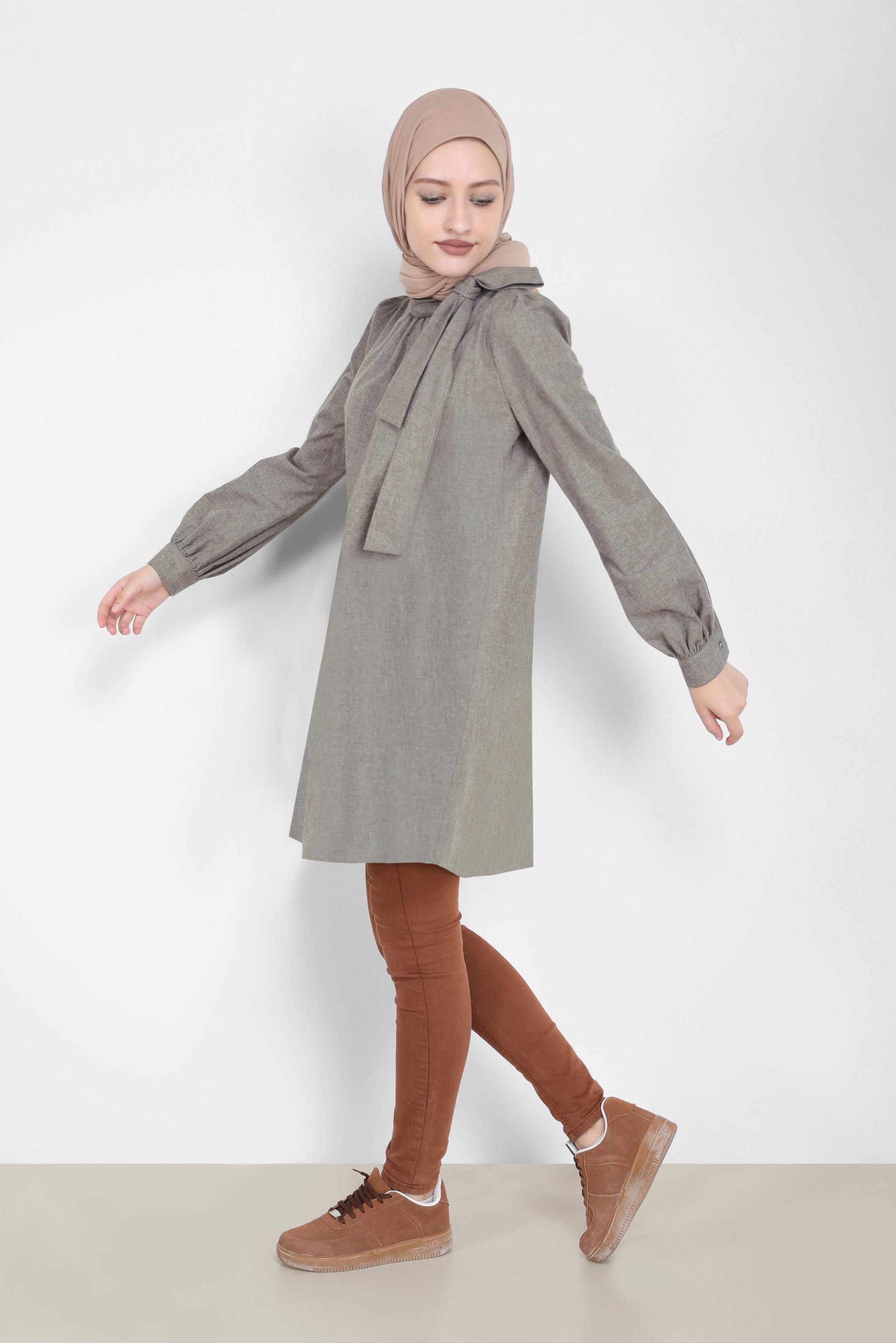 Tesettür giyim BEJ BAĞLAMA DETAYLI PAMUKLU TUNİK 42259