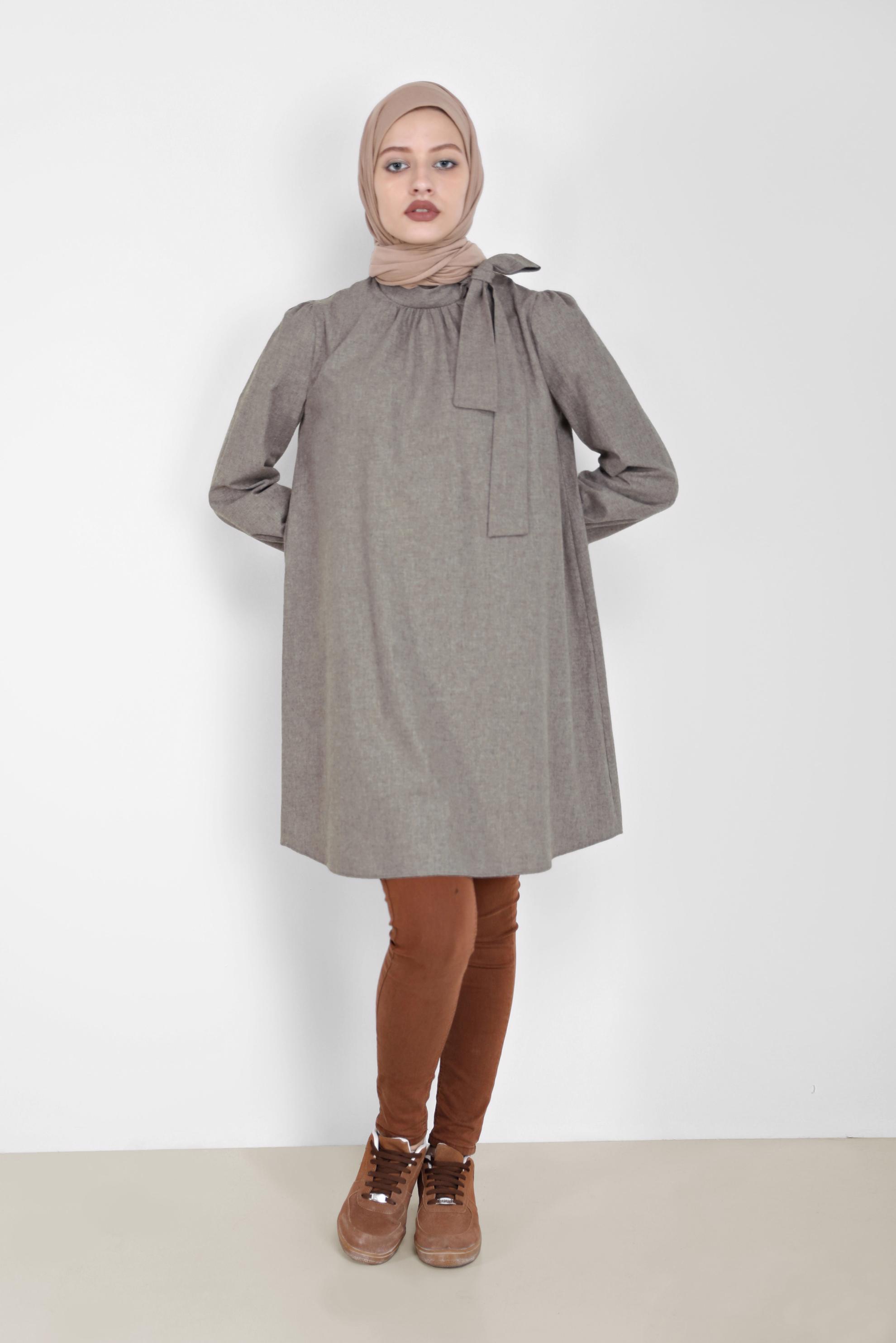 Tesettür giyim BEJ BAĞLAMA DETAYLI PAMUKLU TUNİK 42259