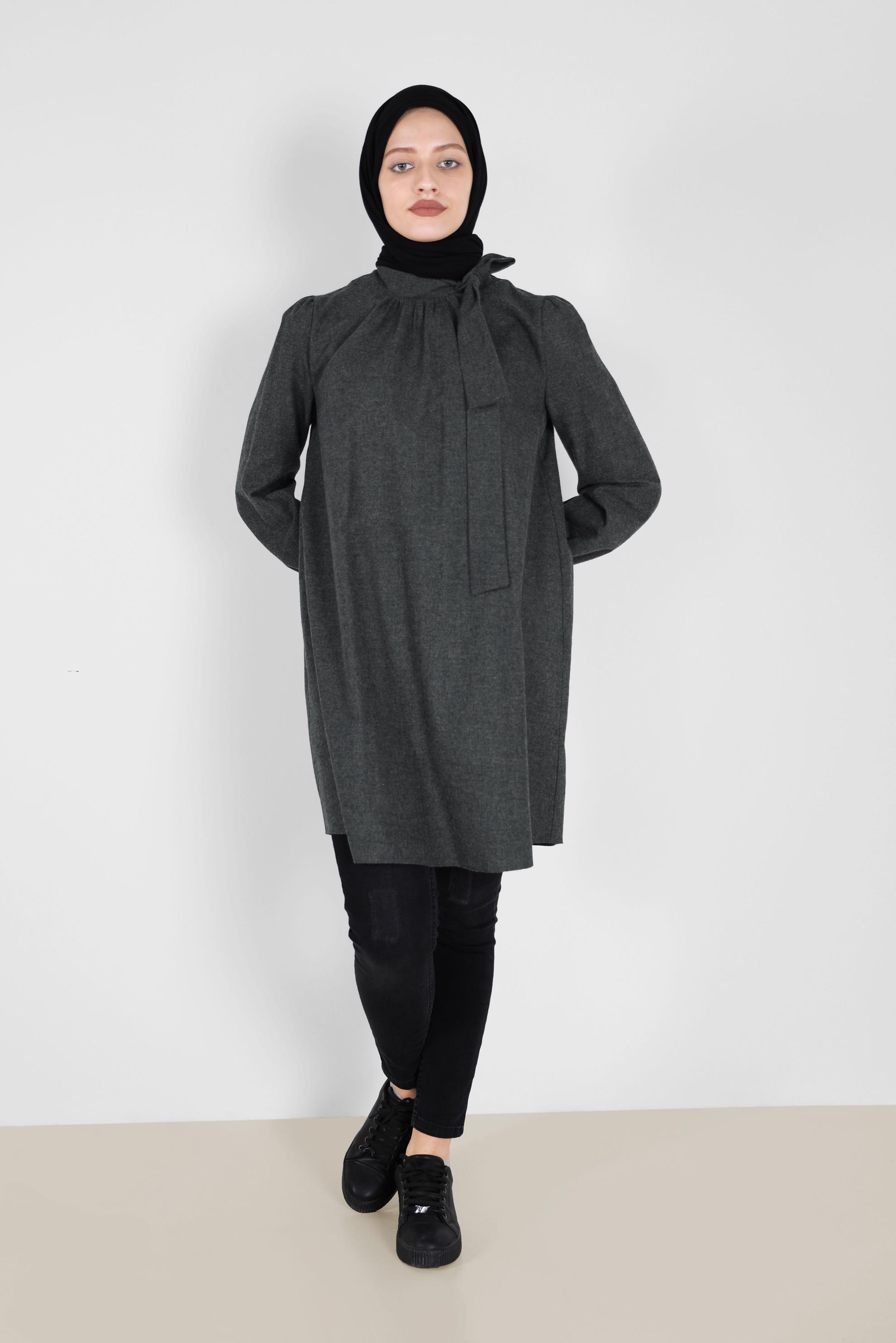 Tesettür giyim GRİ BAĞLAMA DETAYLI PAMUKLU TUNİK 42259