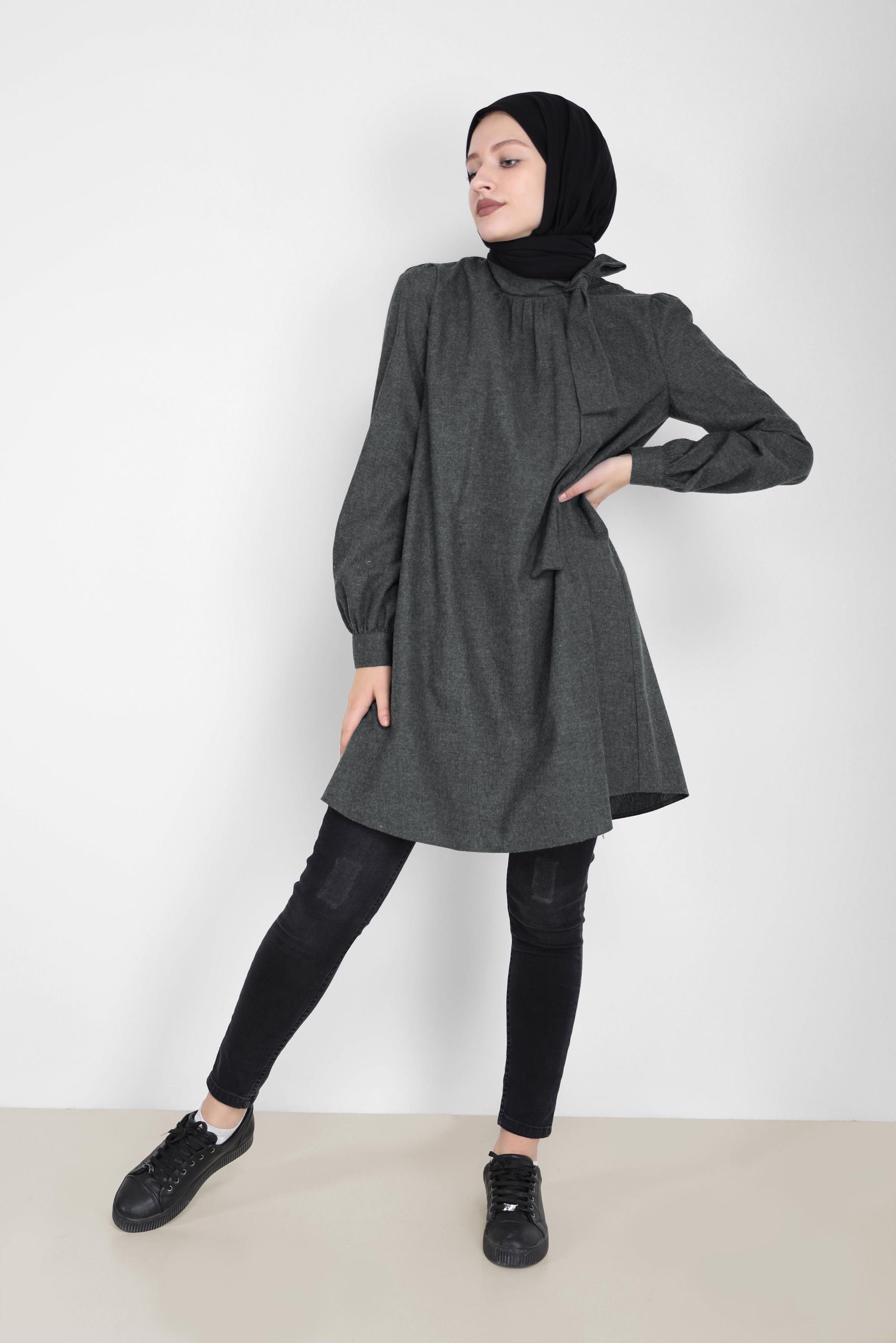 Tesettür giyim GRİ BAĞLAMA DETAYLI PAMUKLU TUNİK 42259