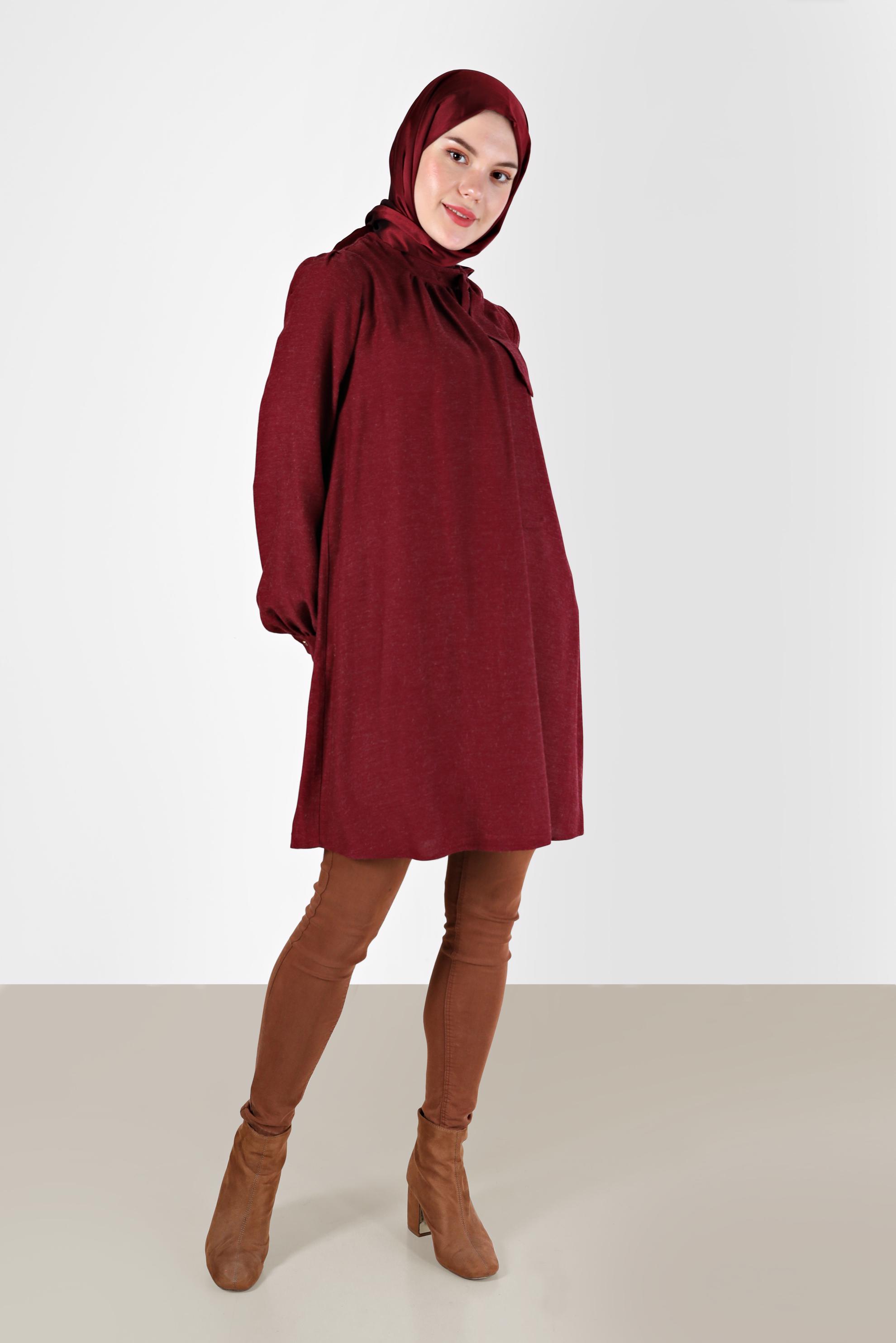 Tesettür giyim BORDO FİYONK DETAYLI ARKADAN FERMUARLI TUNİK 42259-1 