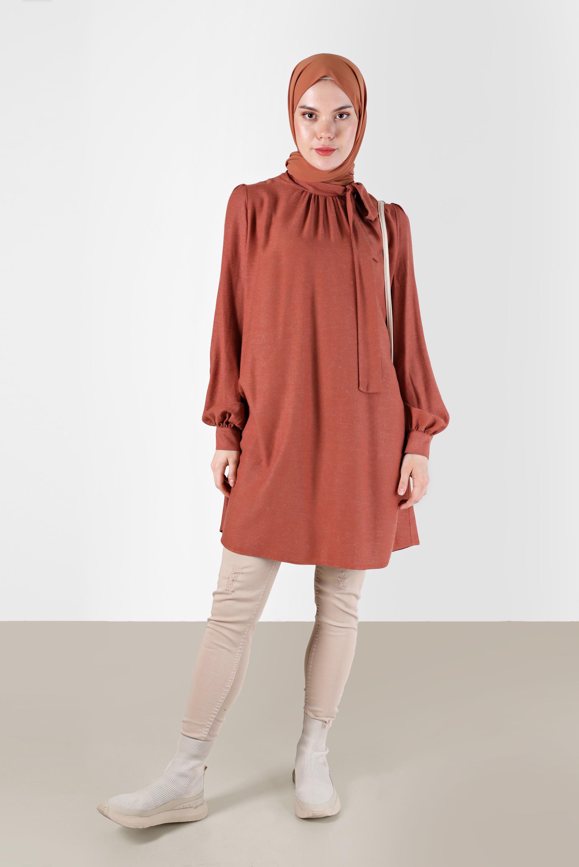 Tesettür giyim TURUNCU FİYONK DETAYLI ARKADAN FERMUARLI TUNİK 42259-1 