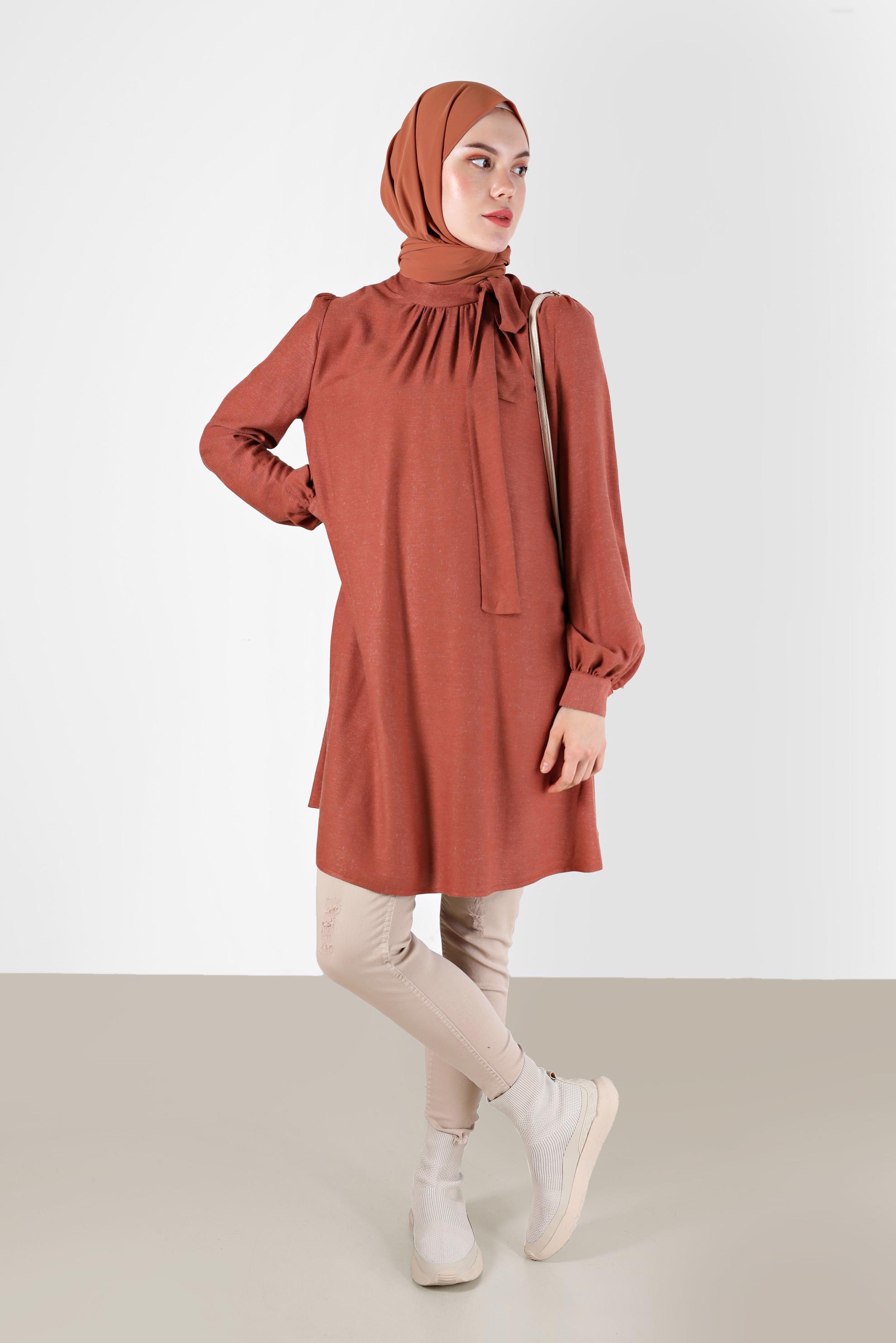 Tesettür giyim TURUNCU FİYONK DETAYLI ARKADAN FERMUARLI TUNİK 42259-1 