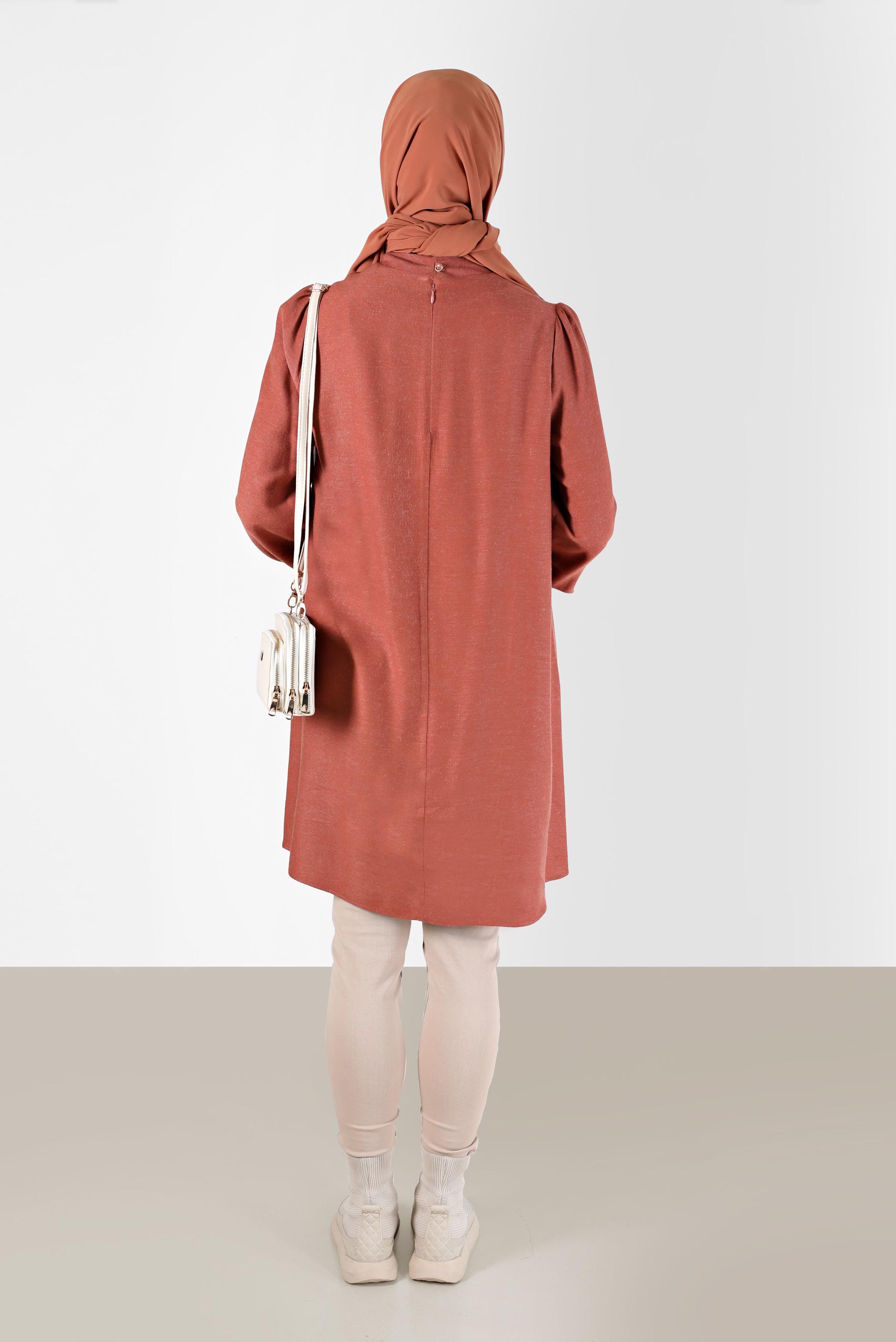 Tesettür giyim TURUNCU FİYONK DETAYLI ARKADAN FERMUARLI TUNİK 42259-1 