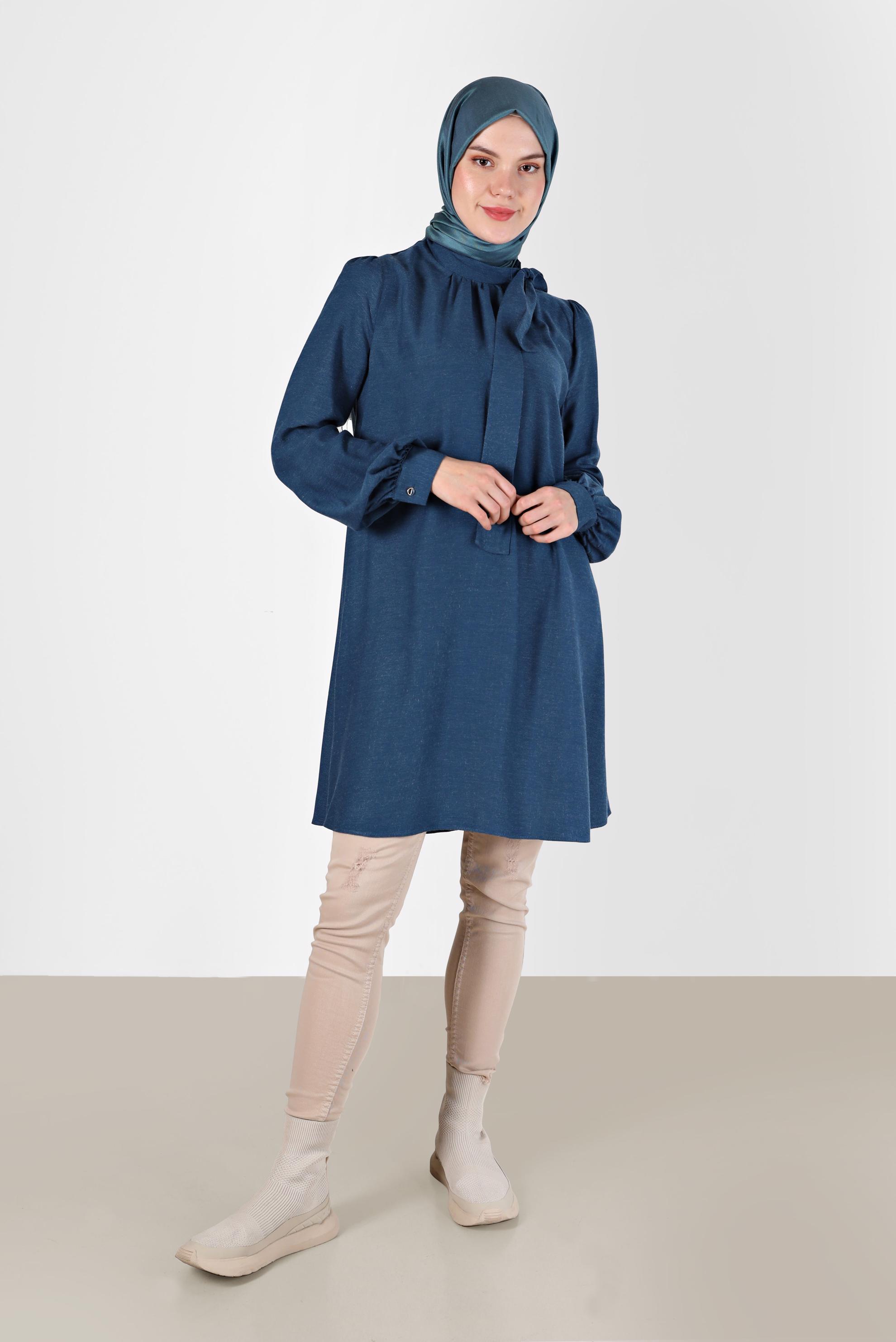 Tesettür giyim MAVİ FİYONK DETAYLI ARKADAN FERMUARLI TUNİK 42259-1 