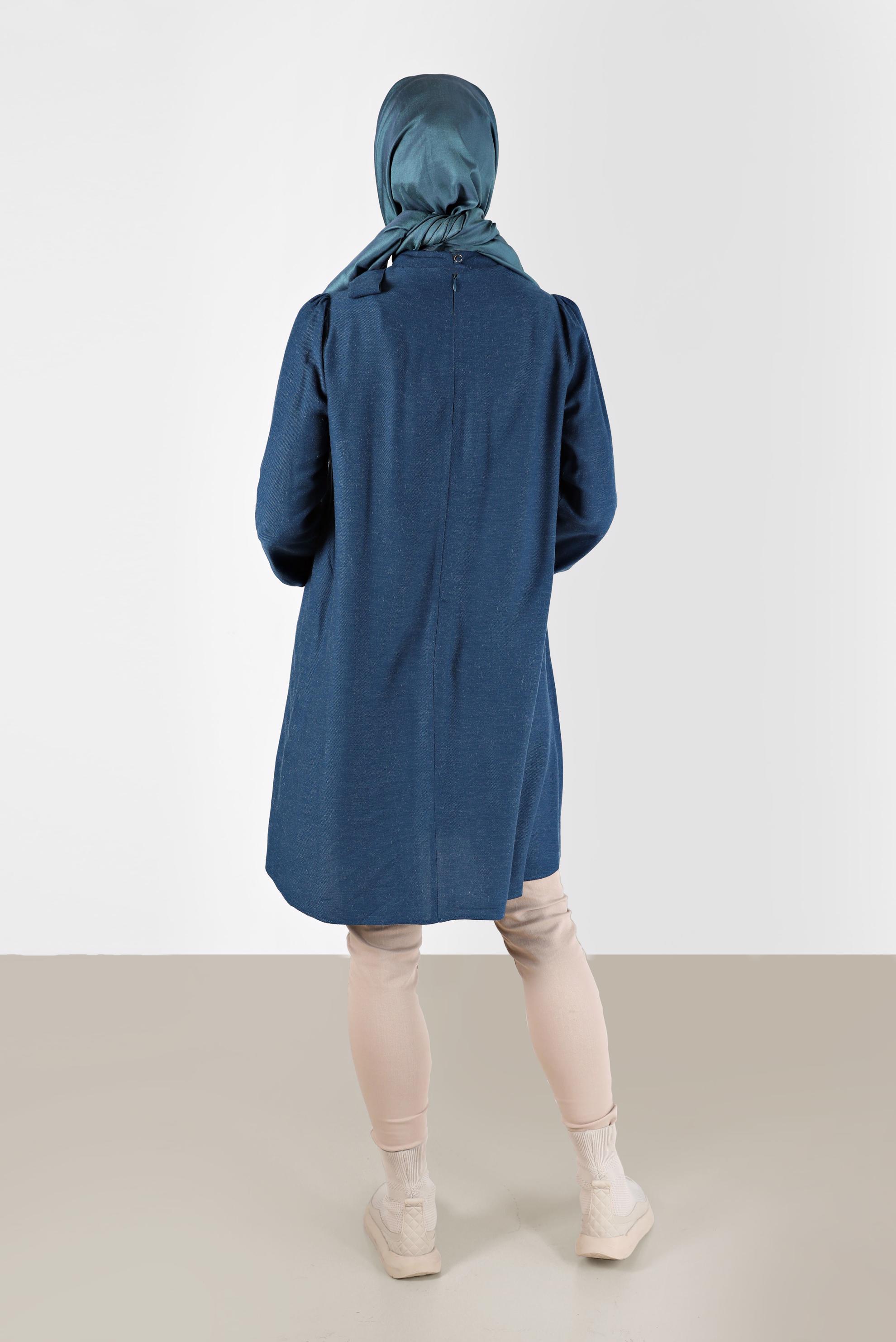 Tesettür giyim MAVİ FİYONK DETAYLI ARKADAN FERMUARLI TUNİK 42259-1 