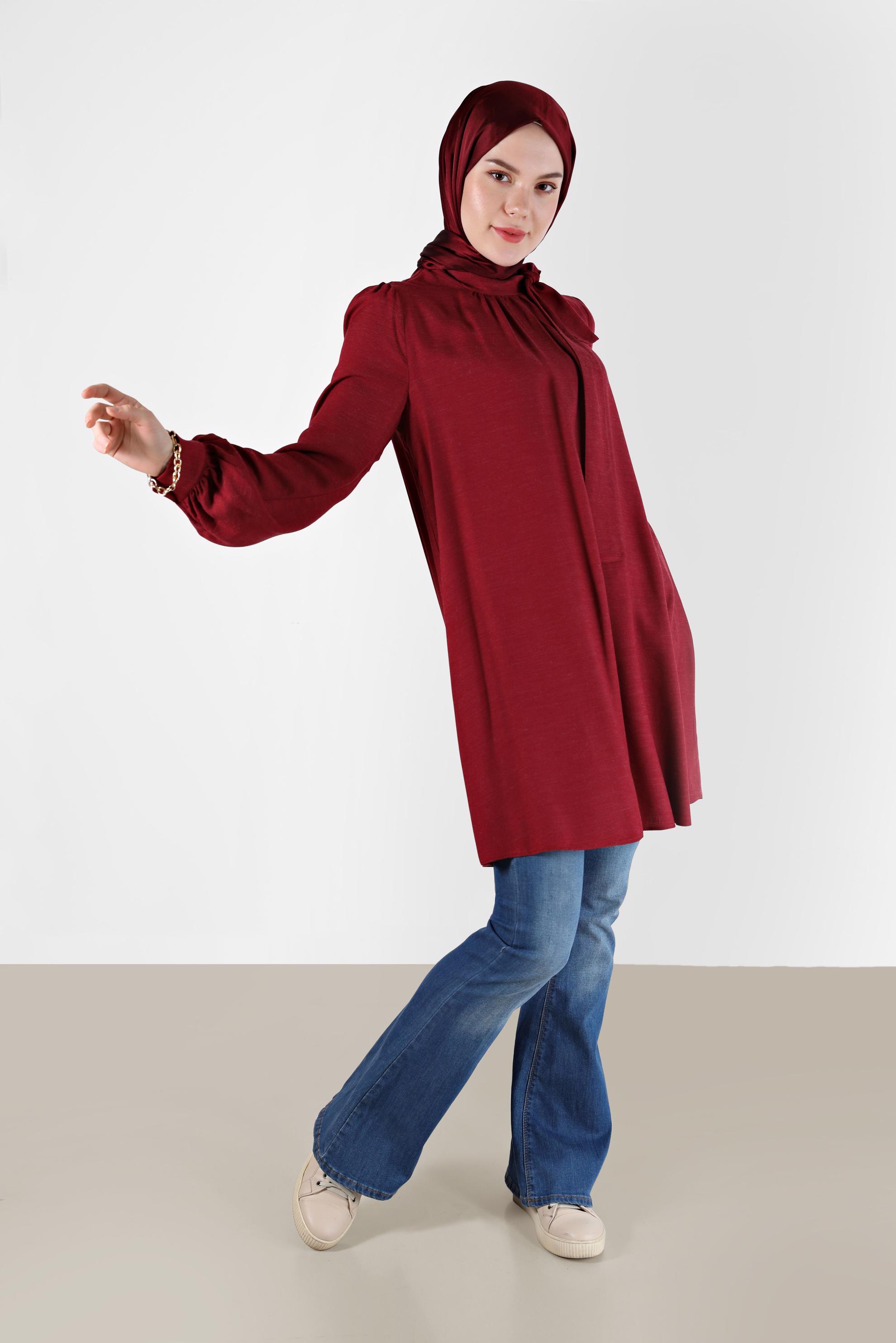 Tesettür giyim KIRMIZI FİYONK DETAYLI ARKADAN FERMUARLI TUNİK 42259-1 