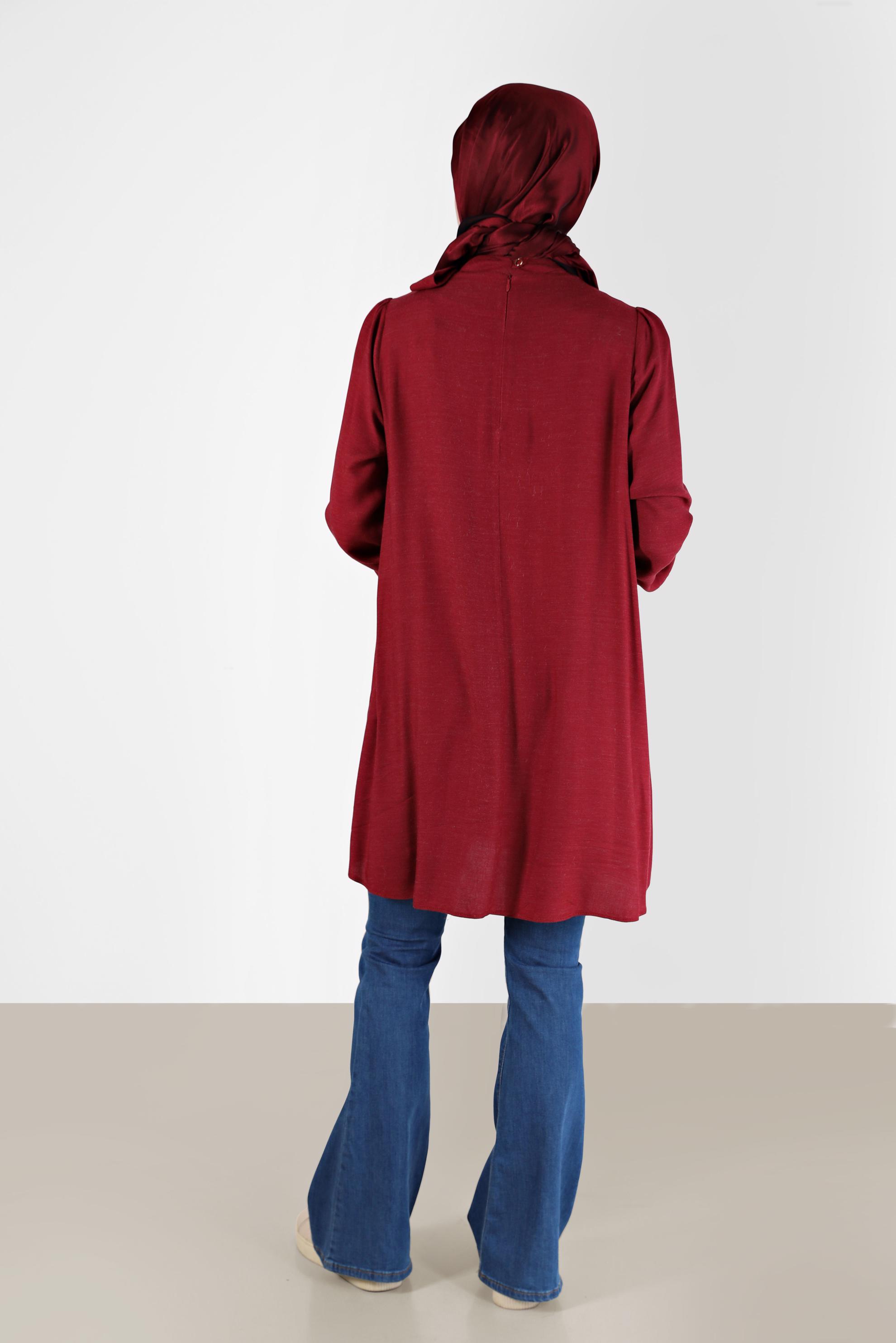 Tesettür giyim KIRMIZI FİYONK DETAYLI ARKADAN FERMUARLI TUNİK 42259-1 