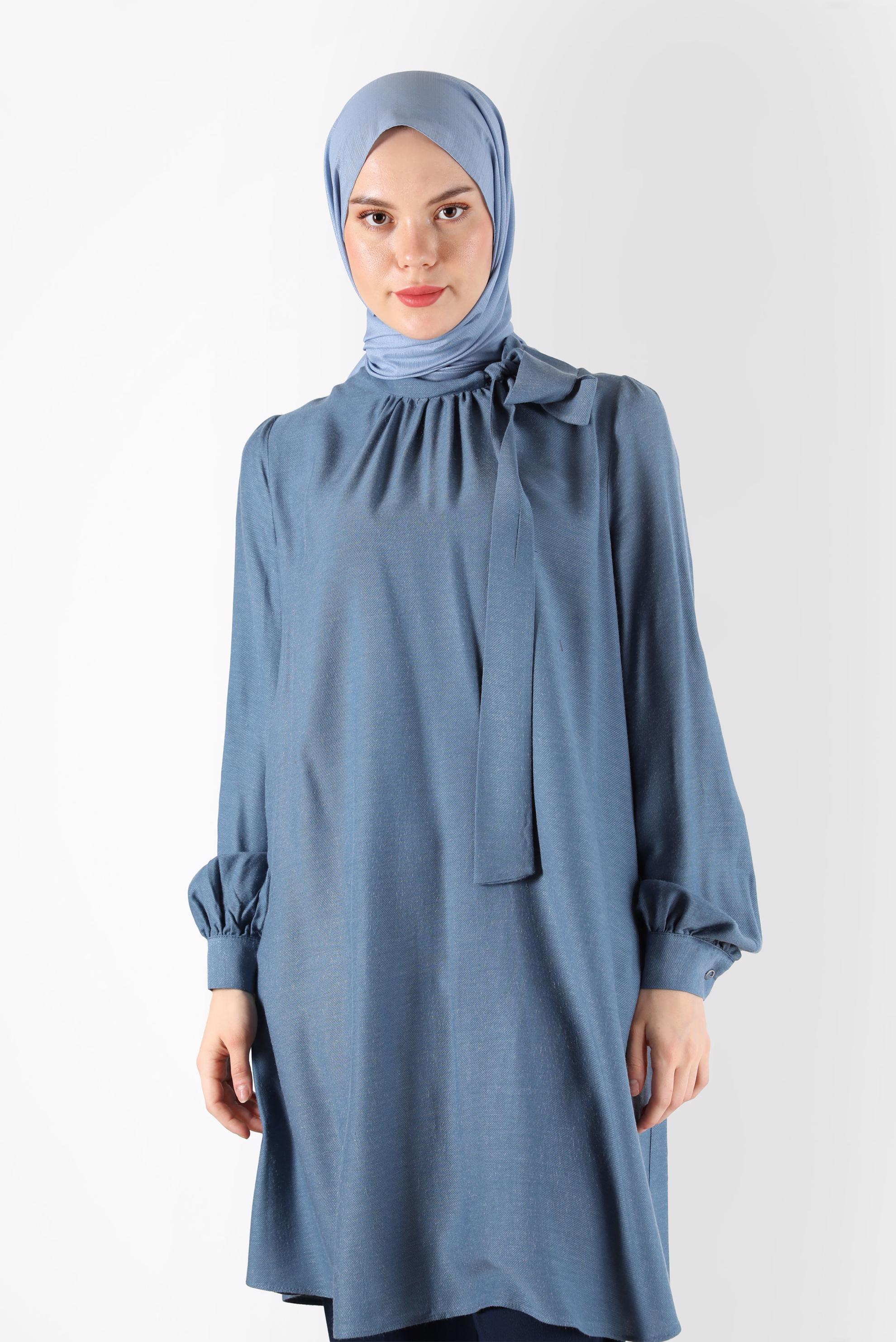 Tesettür giyim MAVİ FİYONK DETAYLI ARKADAN FERMUARLI TUNİK 42259-1 