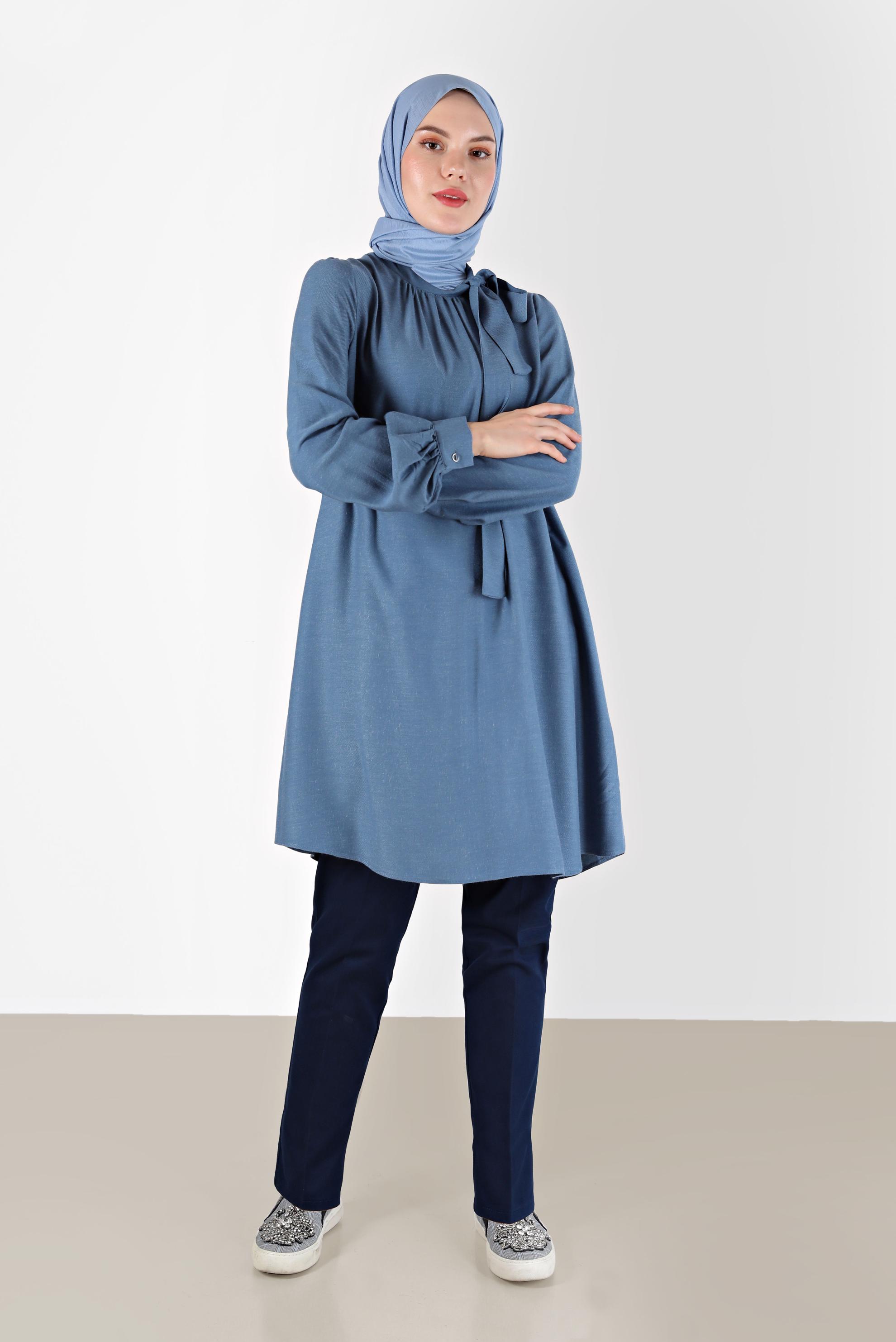 Tesettür giyim MAVİ FİYONK DETAYLI ARKADAN FERMUARLI TUNİK 42259-1 