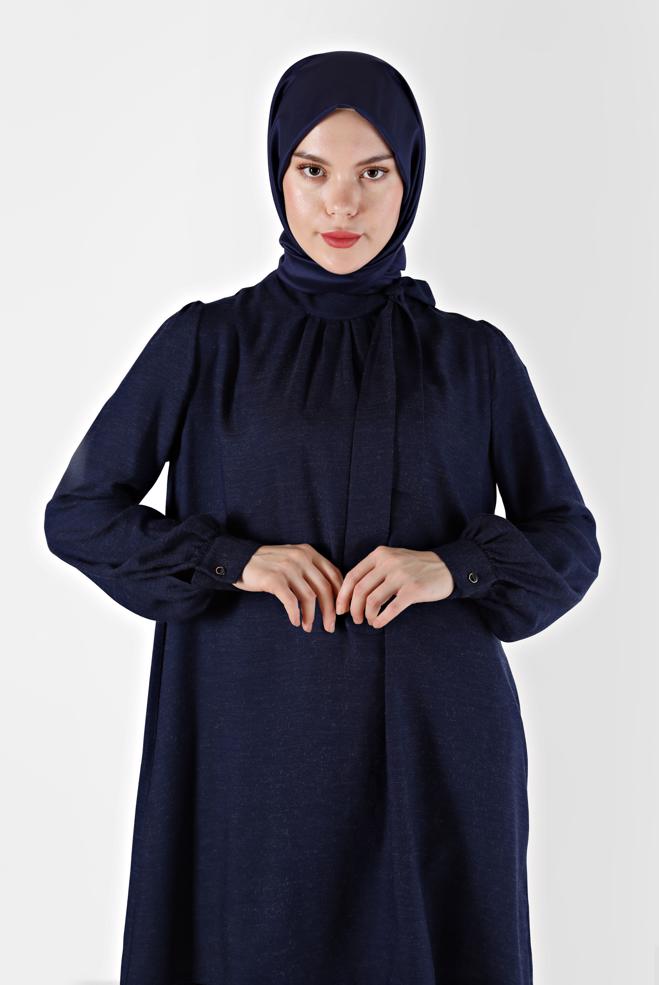 Tesettür giyim LACİVERT FİYONK DETAYLI ARKADAN FERMUARLI TUNİK 42259-1  - ALVİNA