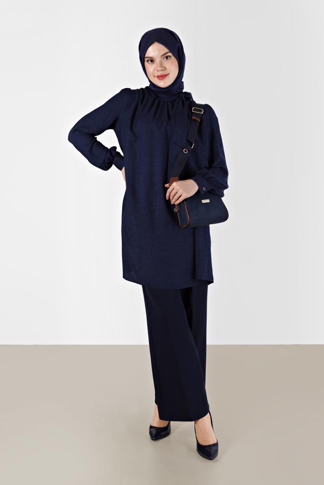 Tesettür giyim LACİVERT FİYONK DETAYLI ARKADAN FERMUARLI TUNİK 42259-1  - ALVİNA