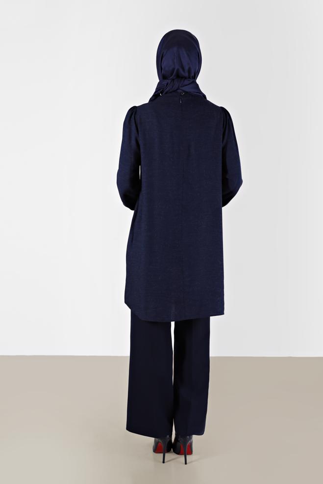 Tesettür giyim LACİVERT FİYONK DETAYLI ARKADAN FERMUARLI TUNİK 42259-1  - ALVİNA