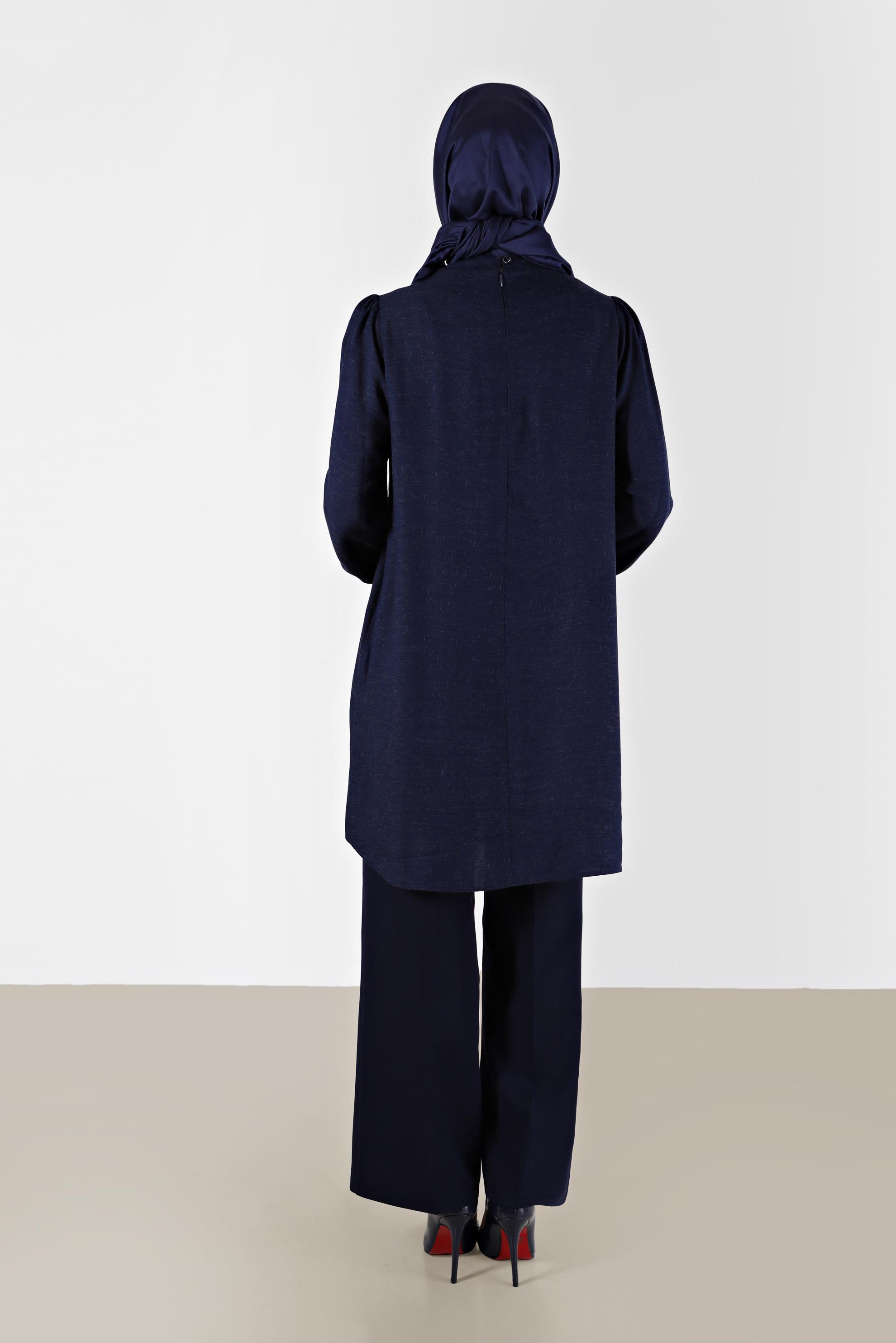 Tesettür giyim LACİVERT FİYONK DETAYLI ARKADAN FERMUARLI TUNİK 42259-1 