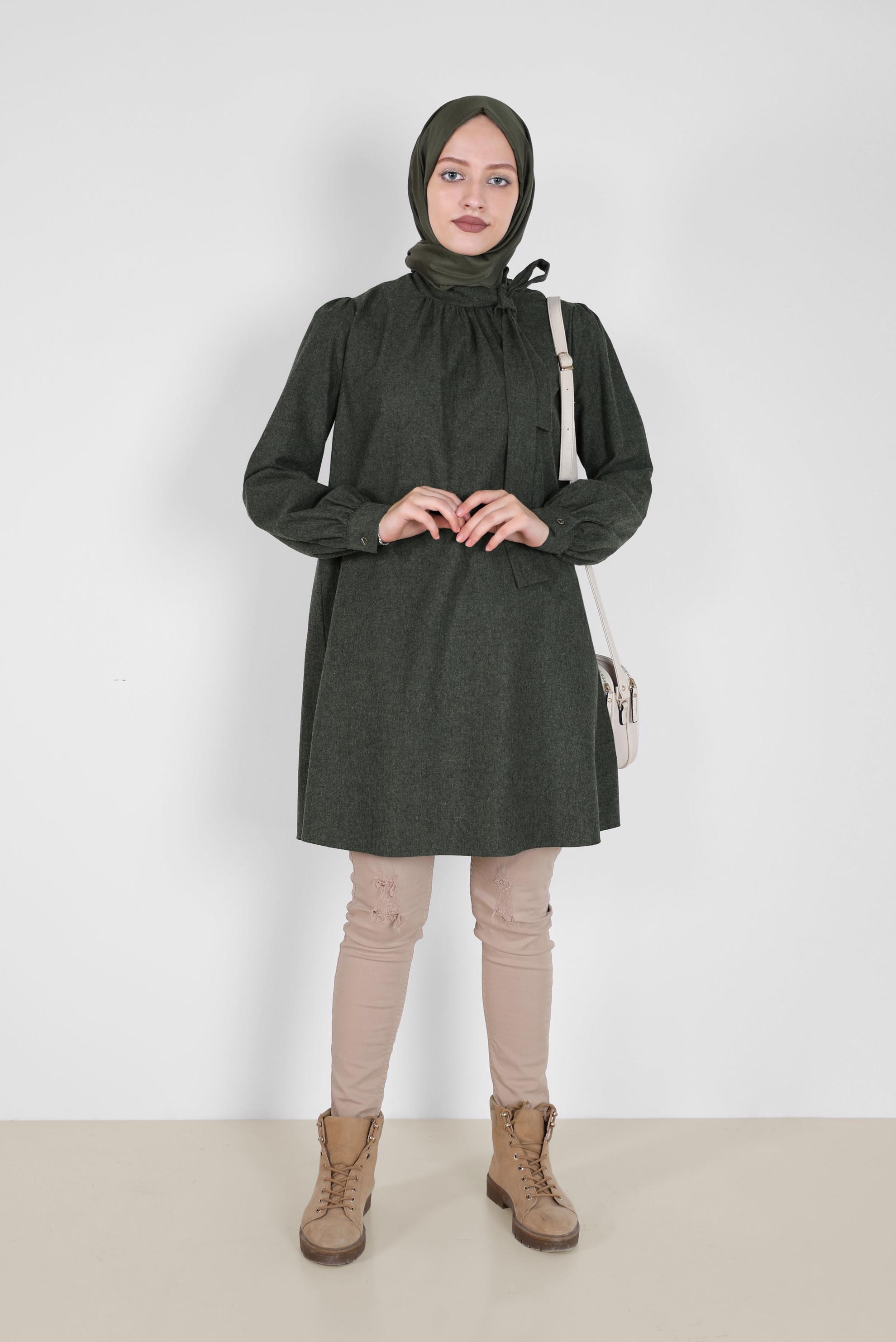 Tesettür giyim GRİ BAĞLAMA DETAYLI PAMUKLU TUNİK 42259