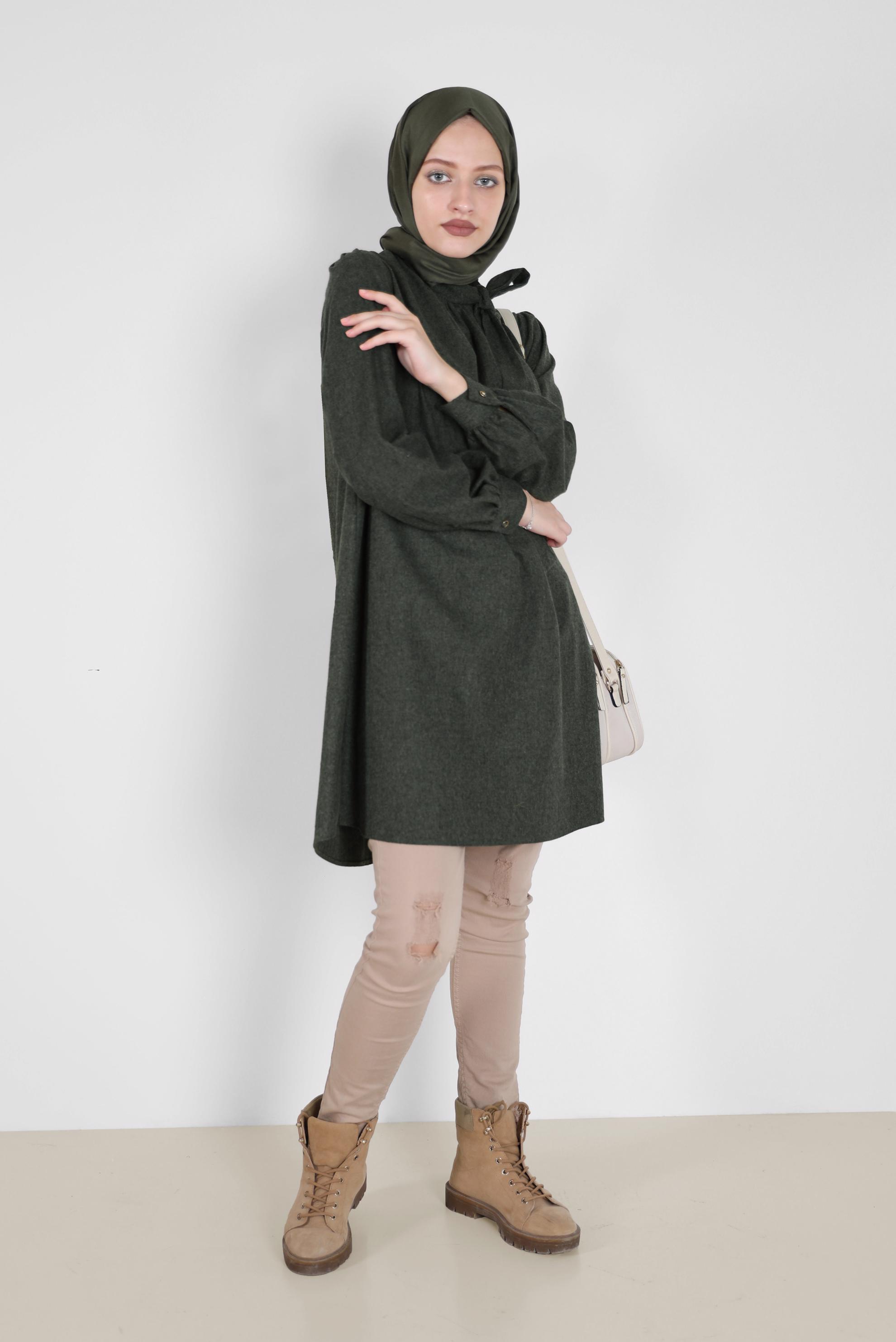 Tesettür giyim GRİ BAĞLAMA DETAYLI PAMUKLU TUNİK 42259