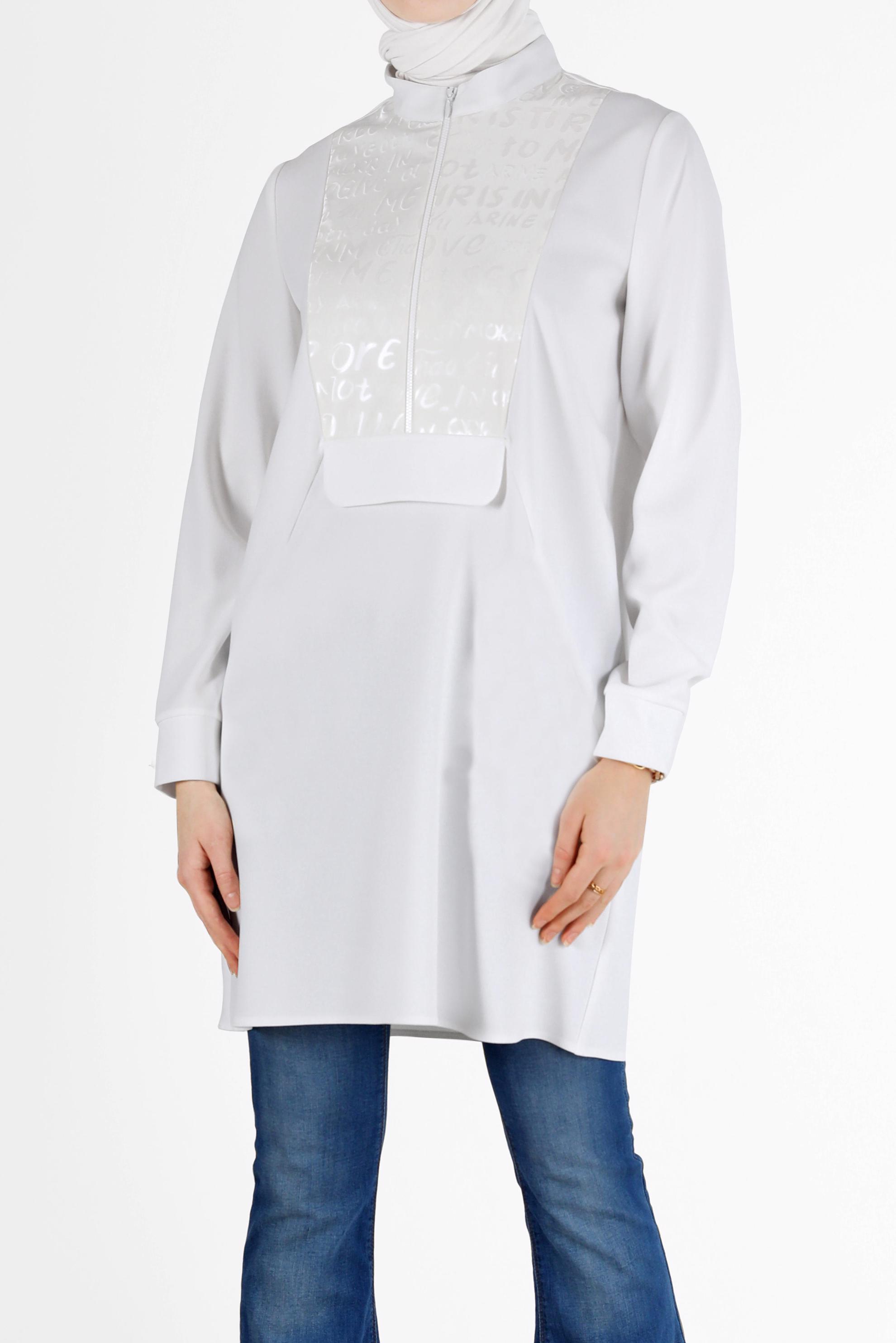 Tesettür giyim BEYAZ YAZI BASKILI FERMUARLI TUNİK 42260 