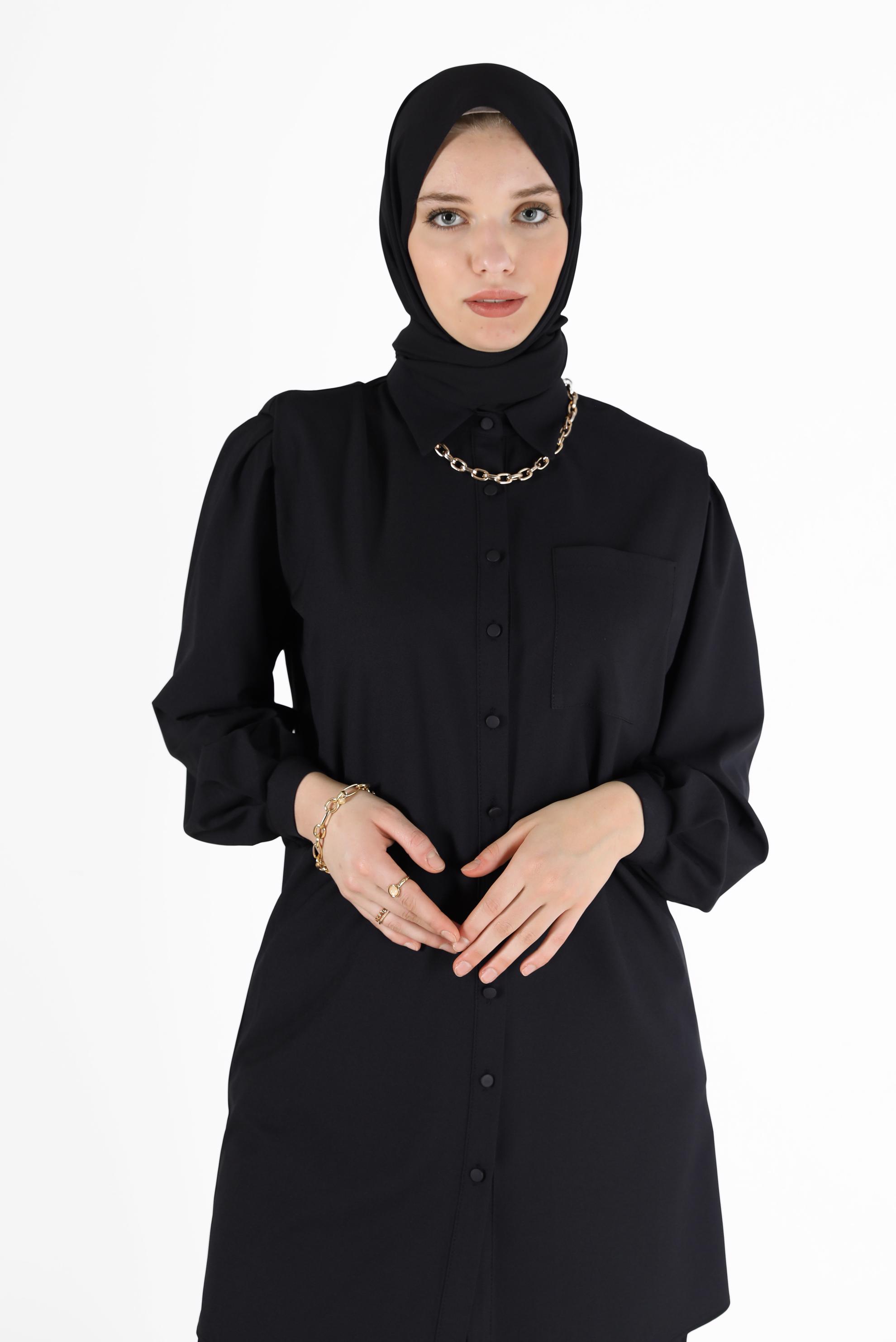 Tesettür giyim SİYAH CEP DETAYLI DÜĞMELİ TUNİK 42263 