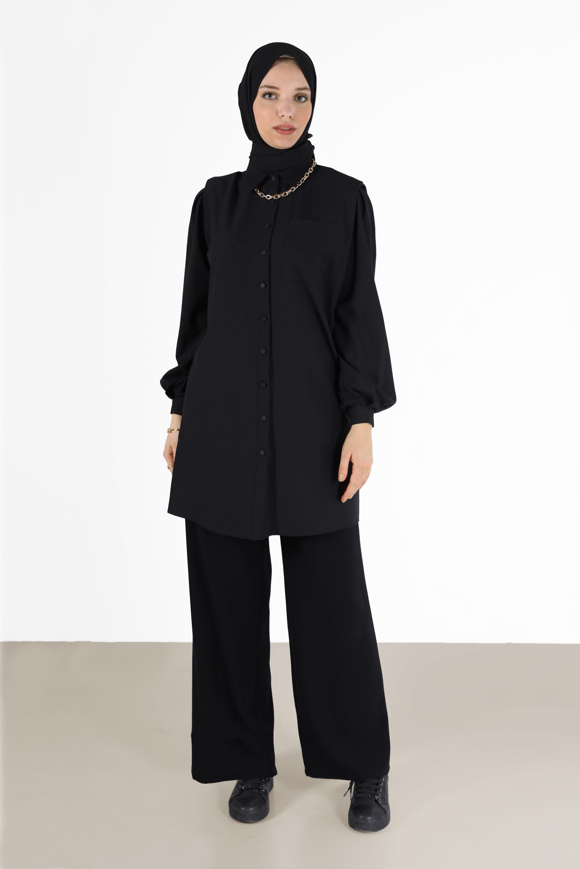 Tesettür giyim SİYAH CEP DETAYLI DÜĞMELİ TUNİK 42263 