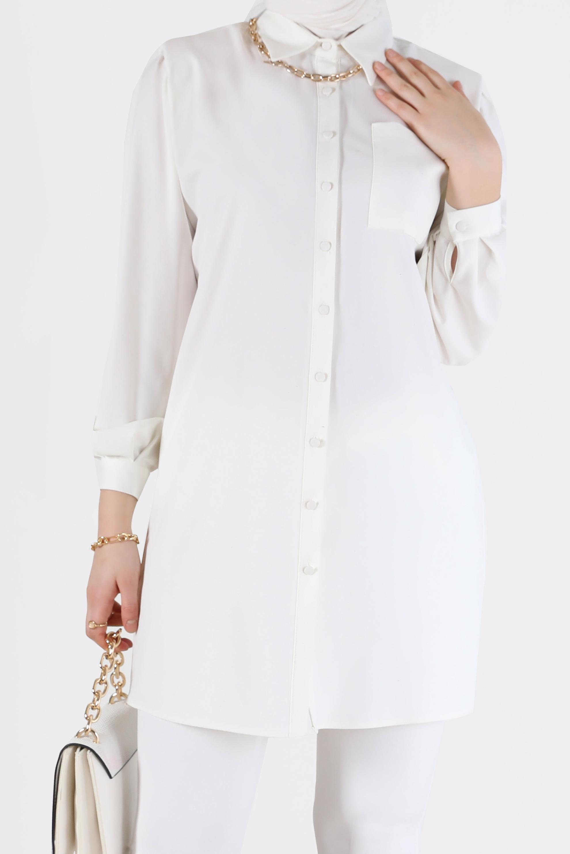 Tesettür giyim BEYAZ CEP DETAYLI DÜĞMELİ TUNİK 42263 