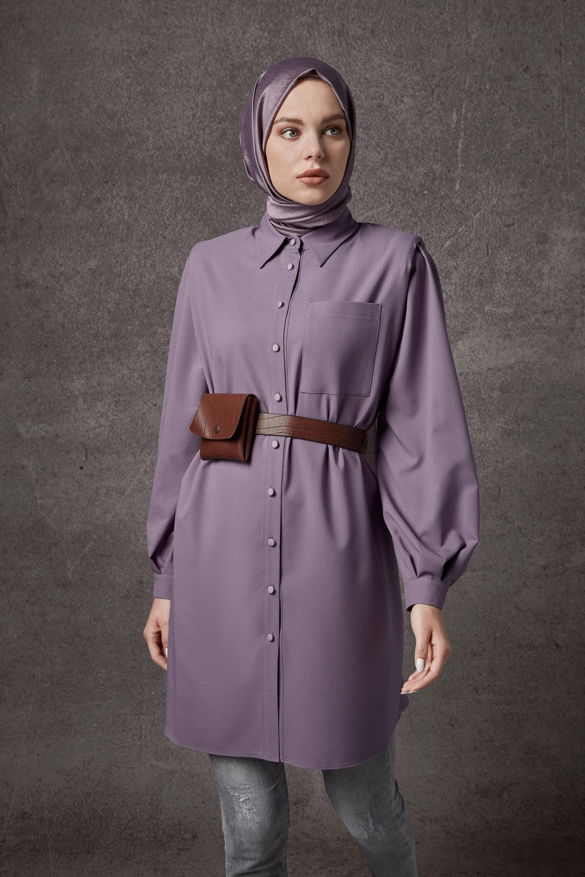 Tesettür giyim MOR CEP DETAYLI DÜĞMELİ TUNİK 42263 