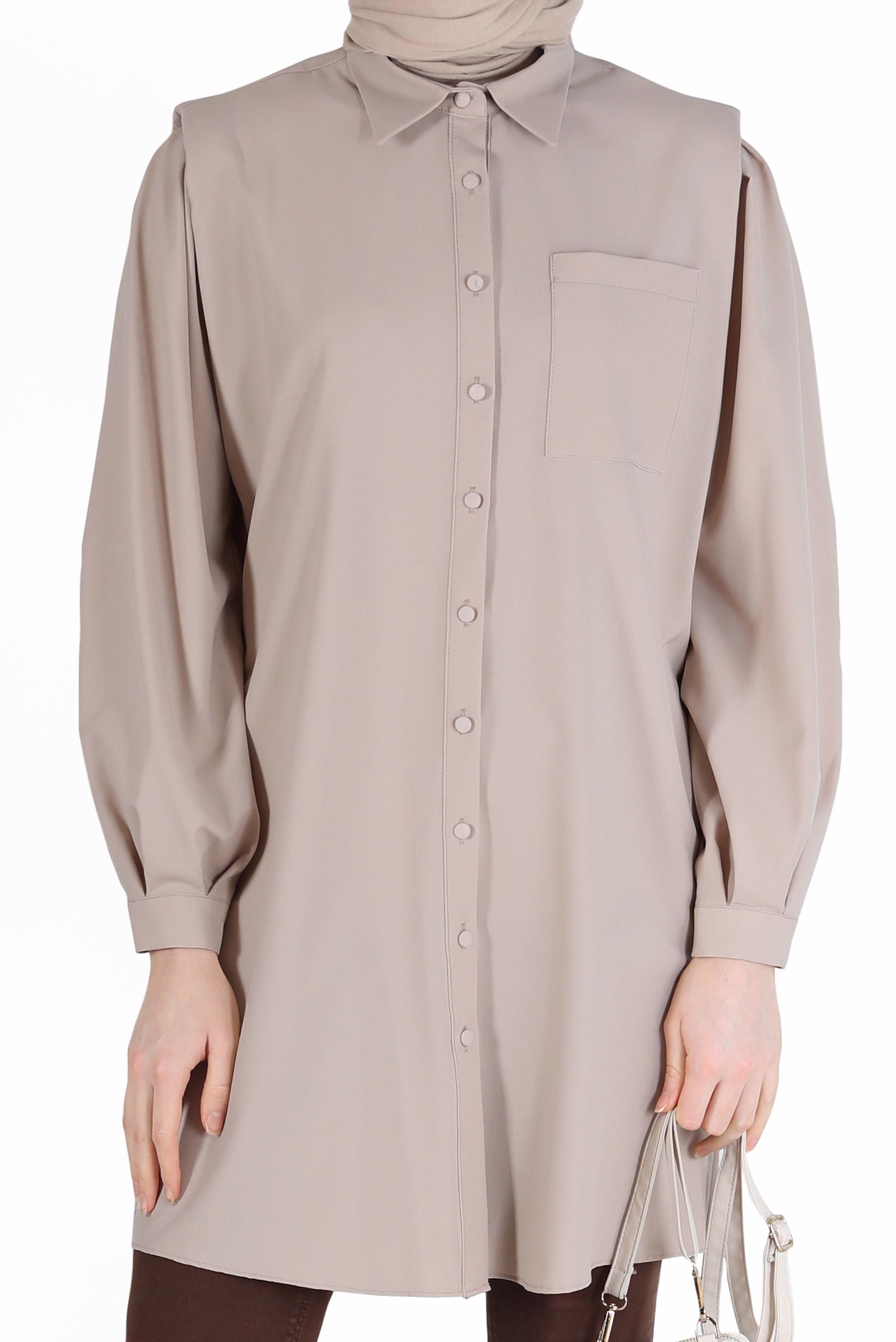 Tesettür giyim EKRU CEP DETAYLI DÜĞMELİ TUNİK 42263 