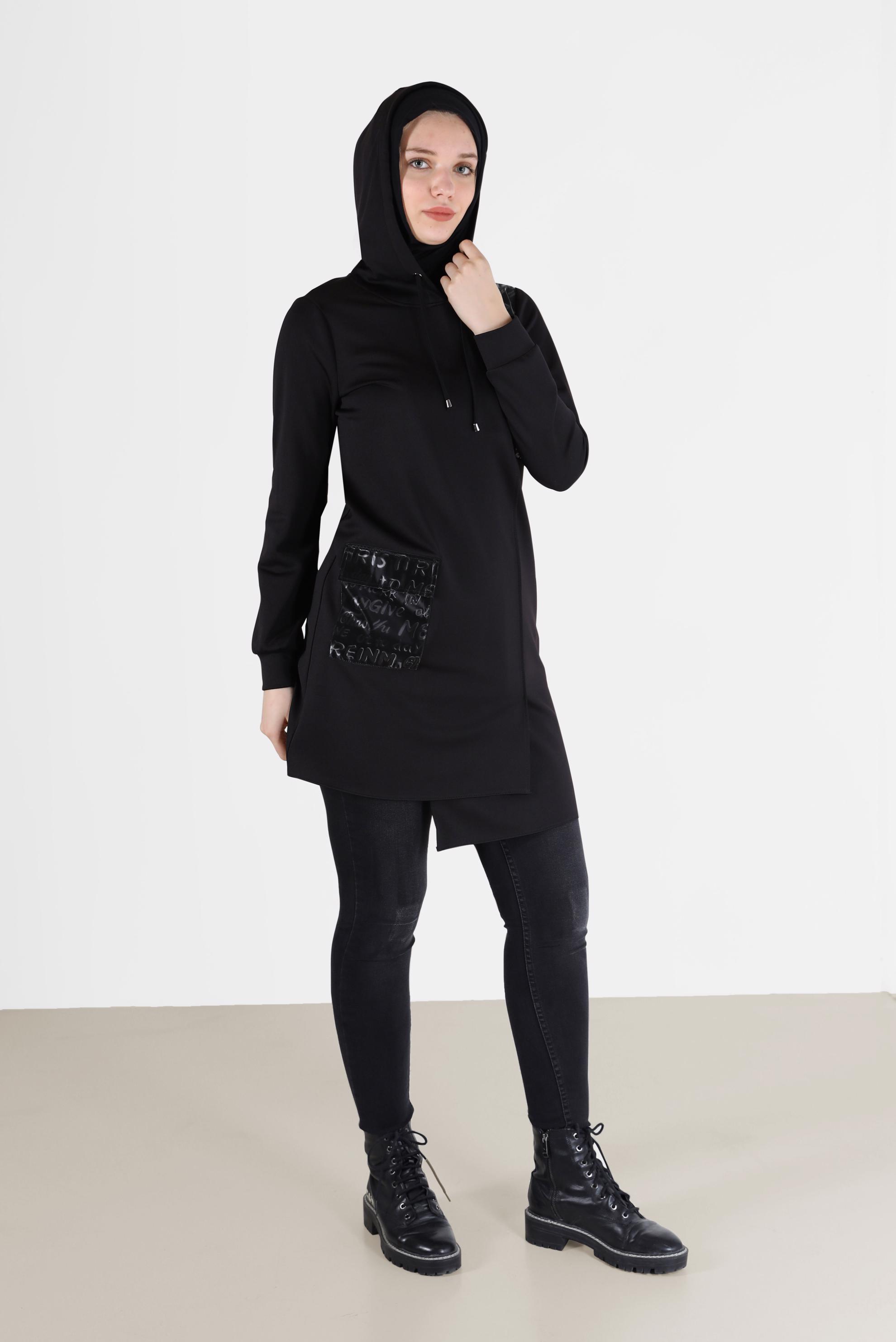 Tesettür giyim SİYAH YAZI BASKILI KAPÜŞONLU TUNİK 42276 