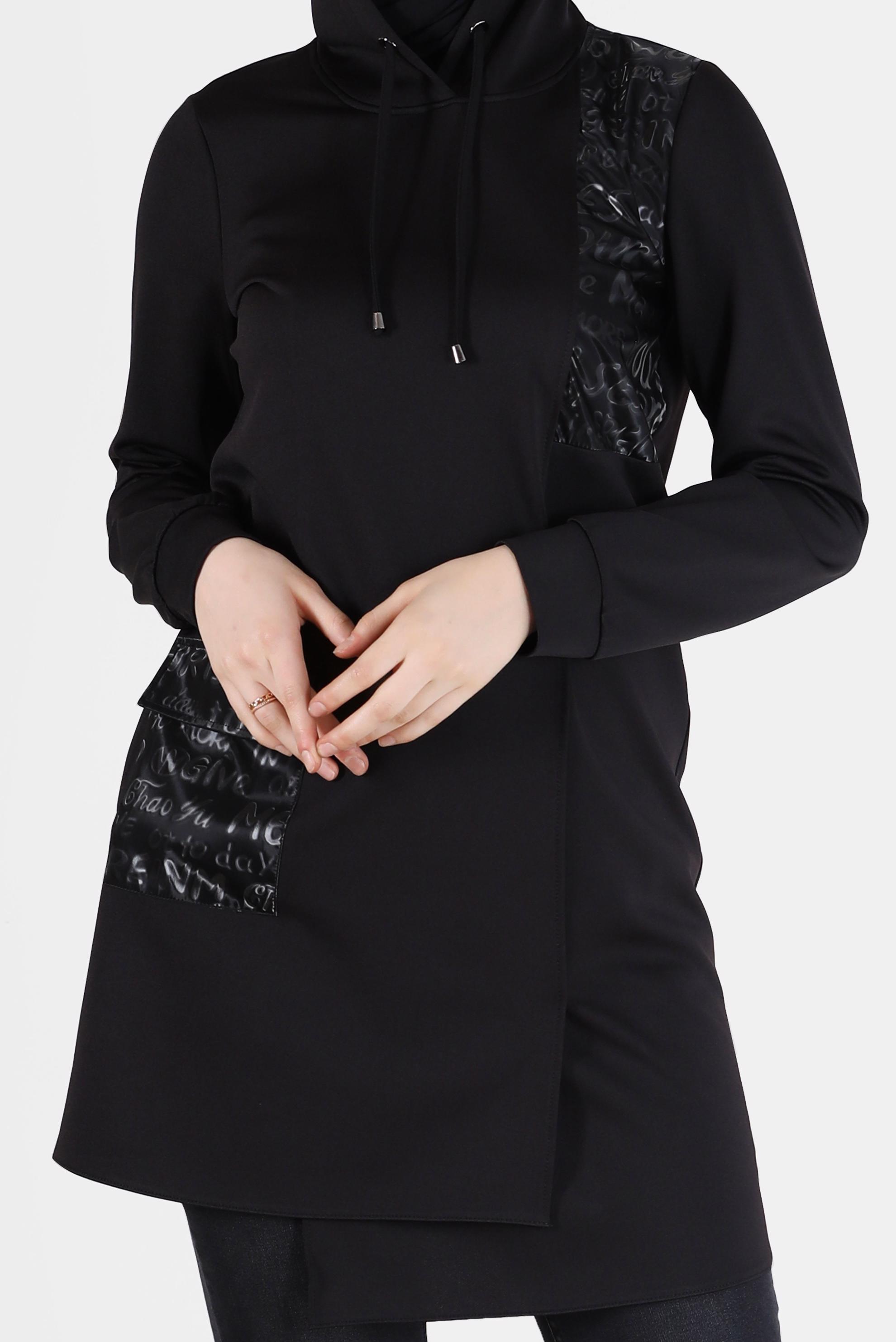 Tesettür giyim SİYAH YAZI BASKILI KAPÜŞONLU TUNİK 42276 