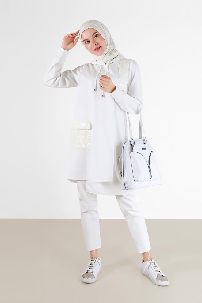 Tesettür giyim  YAZI BASKILI KAPÜŞONLU TUNİK 42276  - ALVİNA