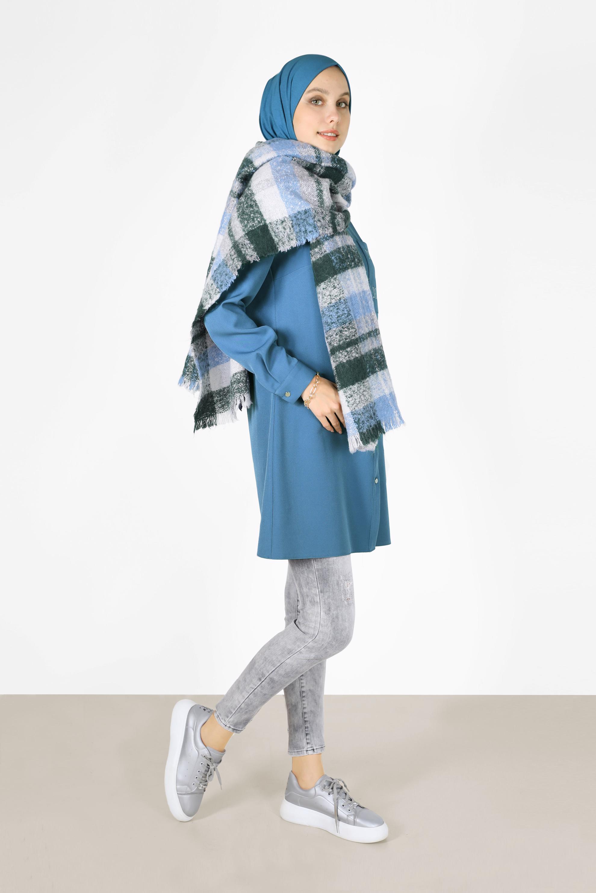 Tesettür giyim MAVİ NAKIŞ DETAYLI METAL DÜĞMELİ TUNİK 42287 