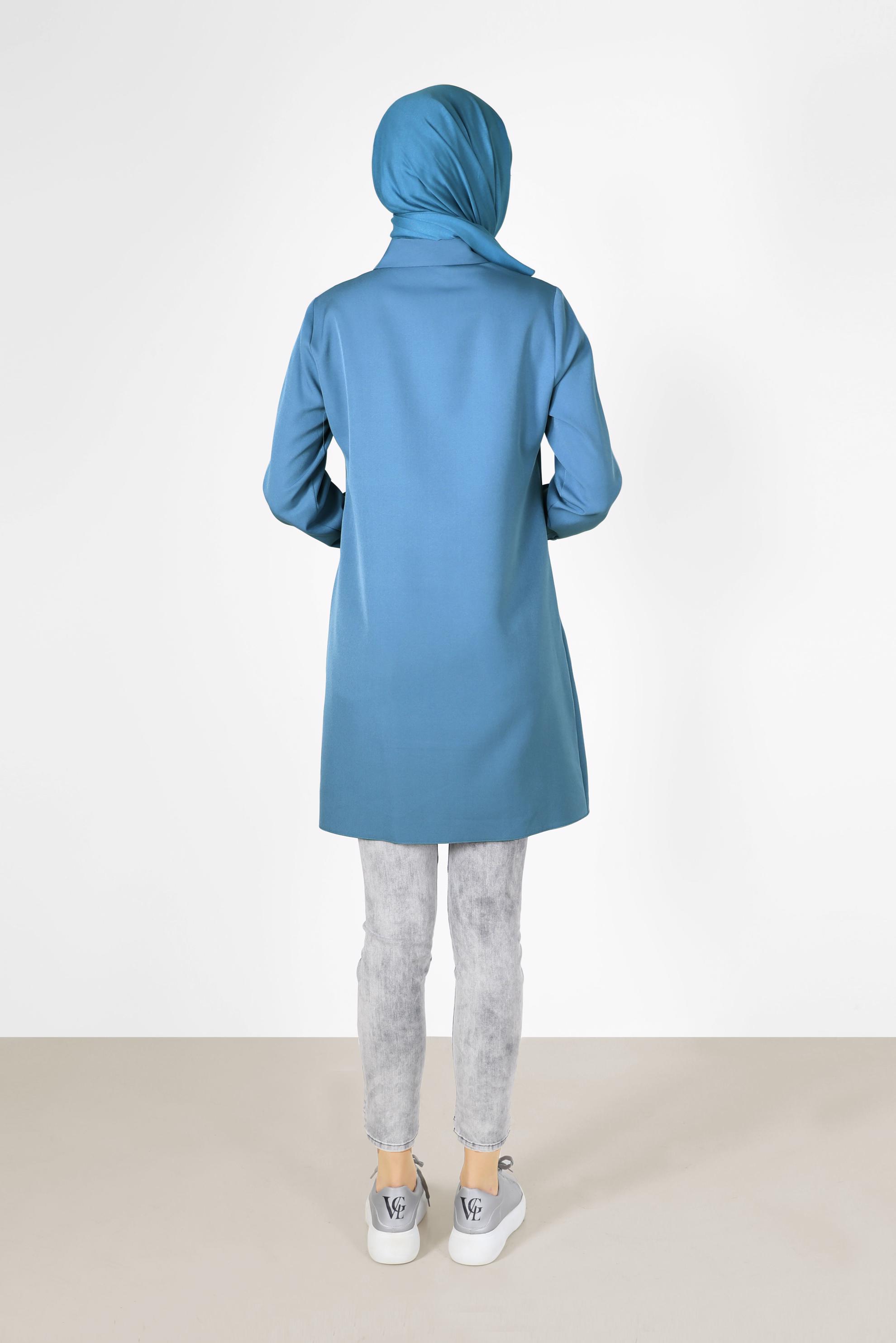 Tesettür giyim MAVİ NAKIŞ DETAYLI METAL DÜĞMELİ TUNİK 42287 