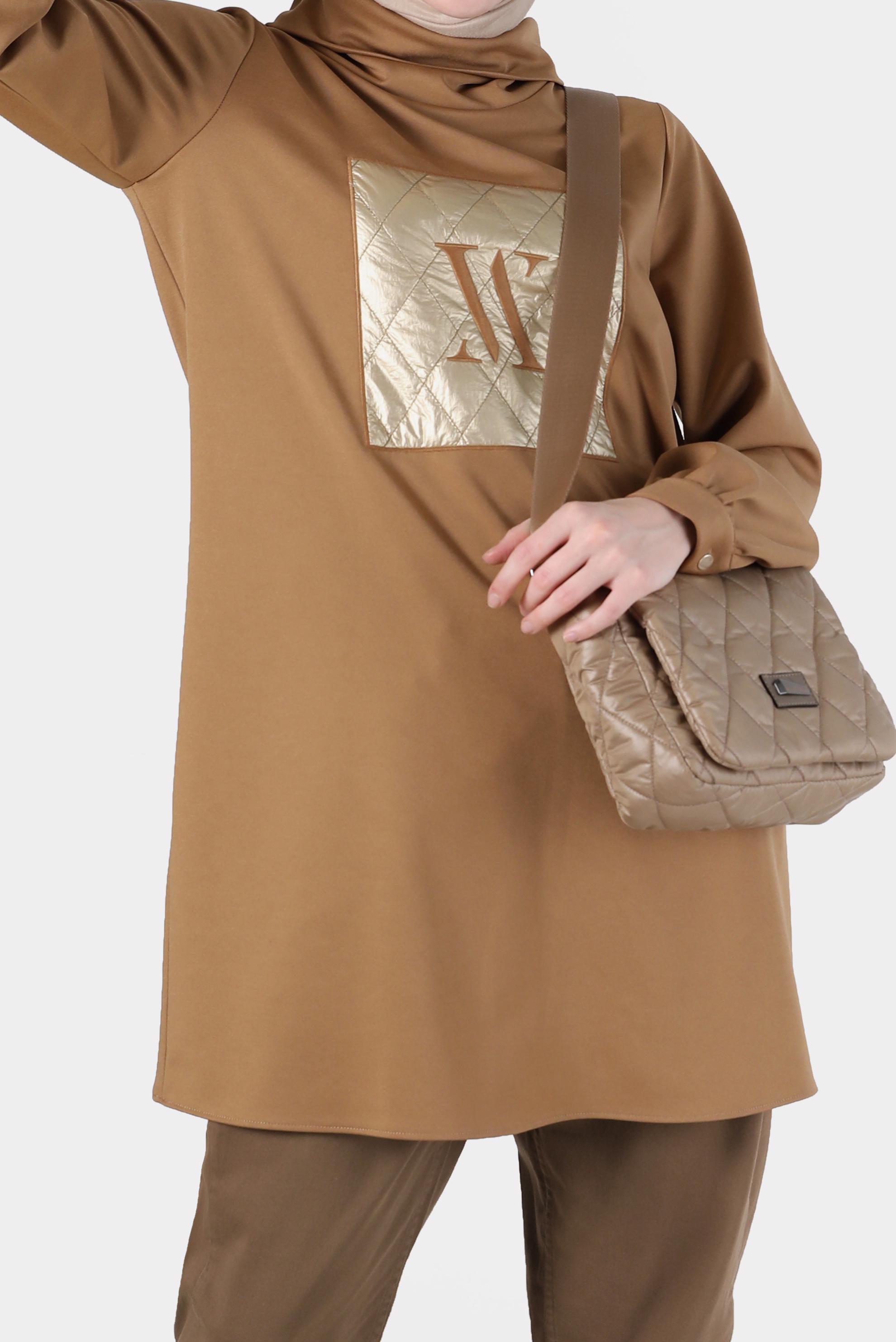 Tesettür giyim TABA KAPİTONE DESEN DETAYLI DEGAJE YAKA TUNİK 42289	