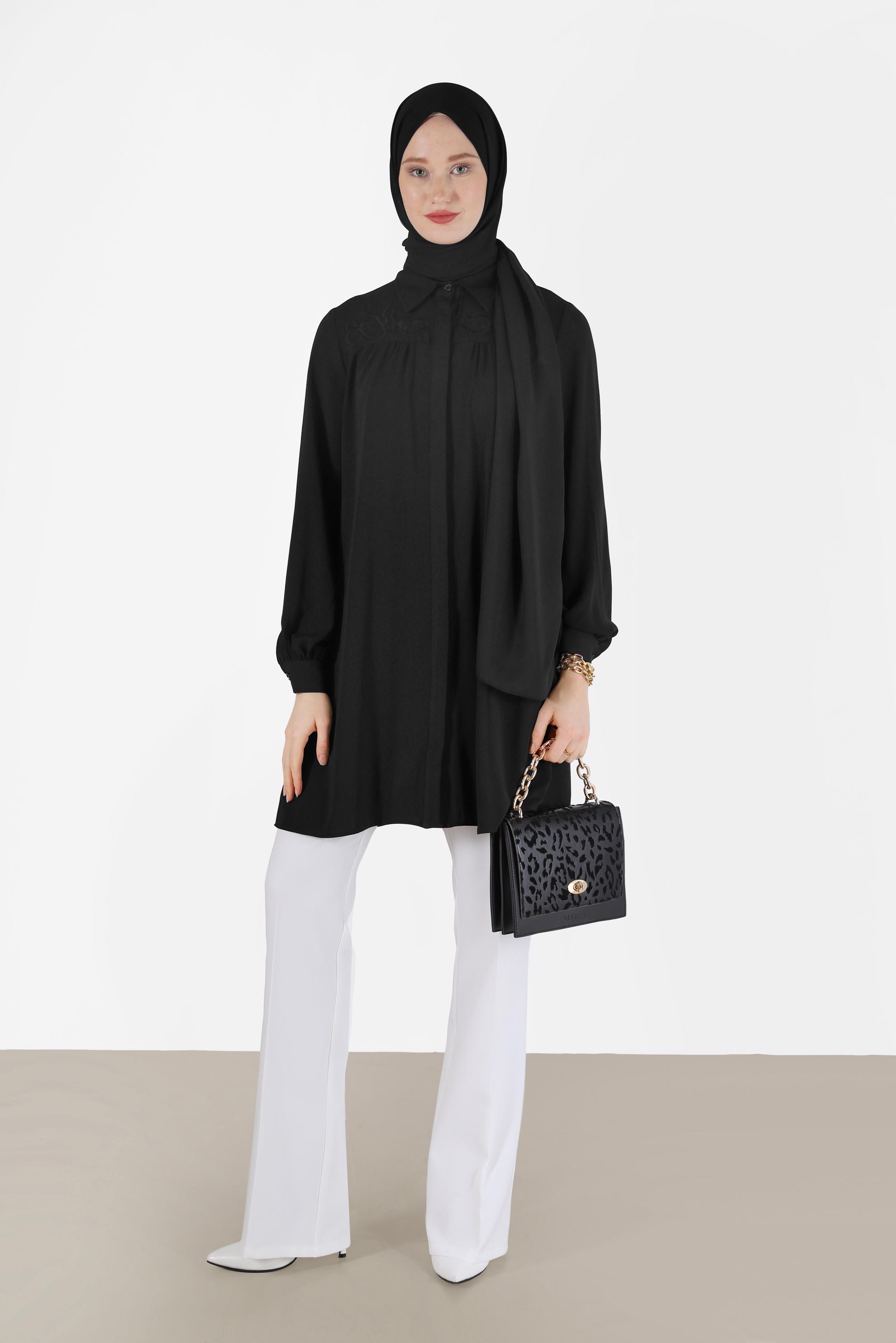 Tesettür giyim SİYAH İŞLEME DETAYLI TUNİK 42290 