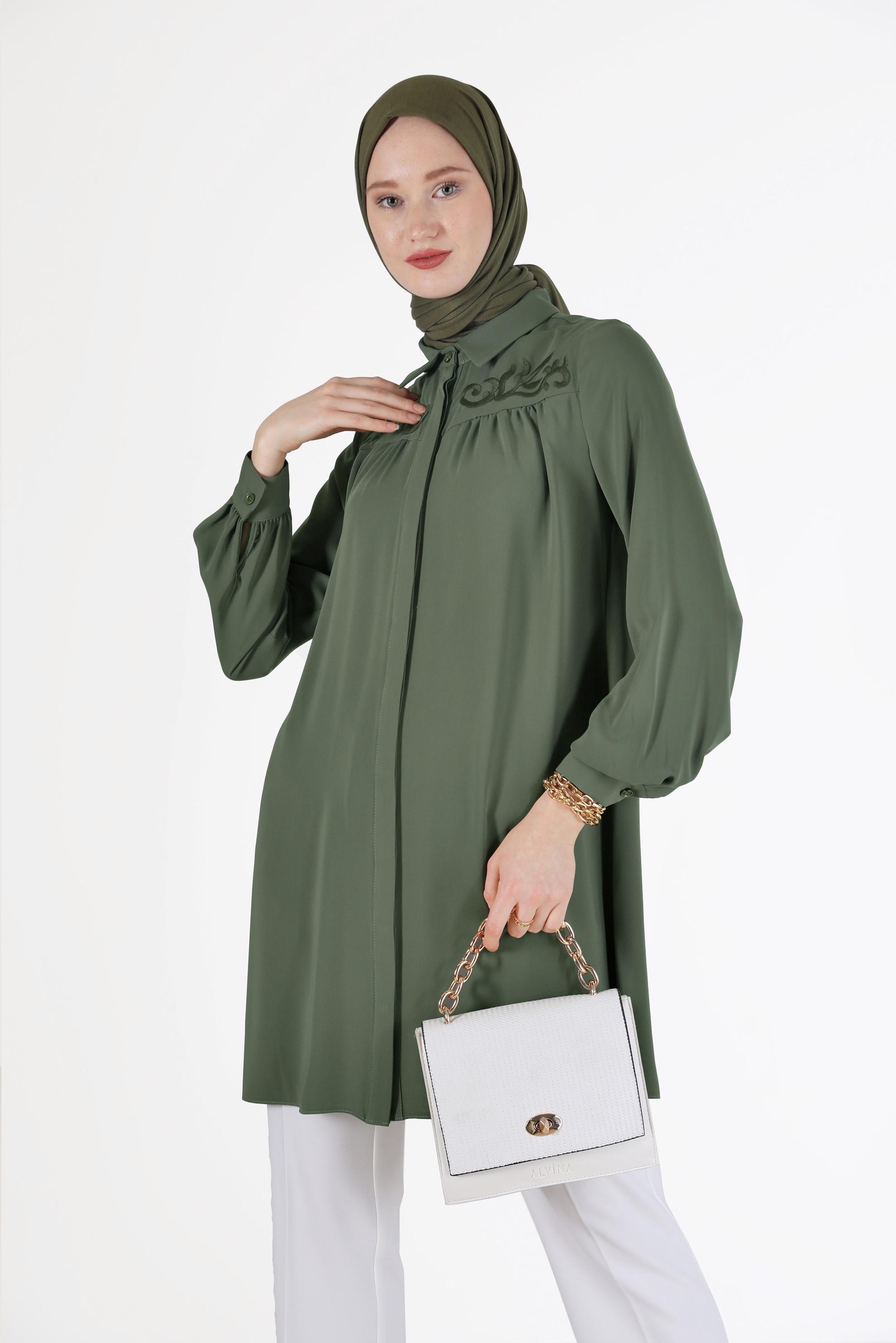 Tesettür giyim HAKİ İŞLEME DETAYLI TUNİK 42290 