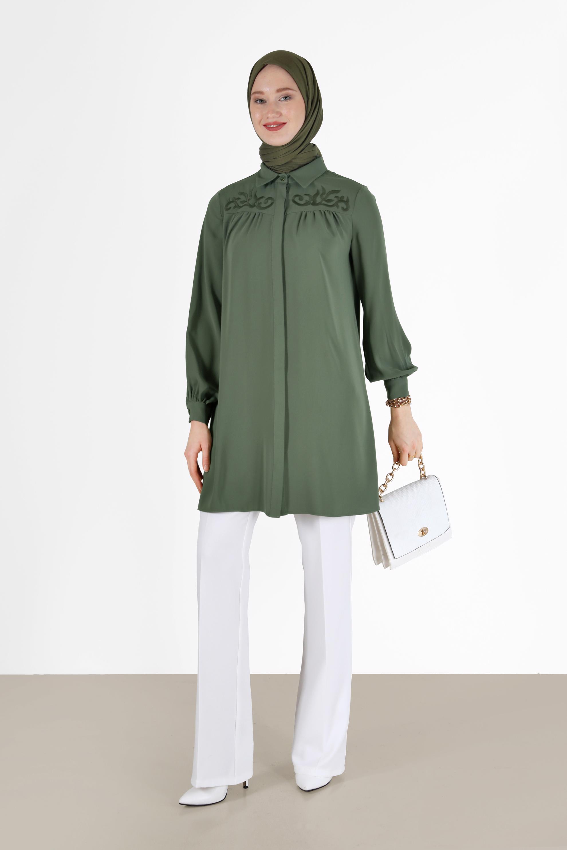 Tesettür giyim HAKİ İŞLEME DETAYLI TUNİK 42290 