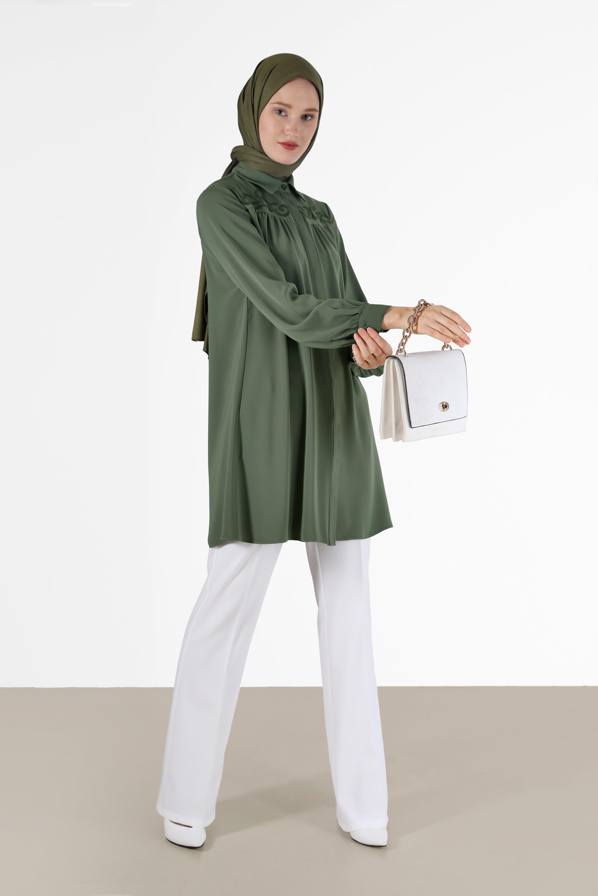 Tesettür giyim HAKİ İŞLEME DETAYLI TUNİK 42290 