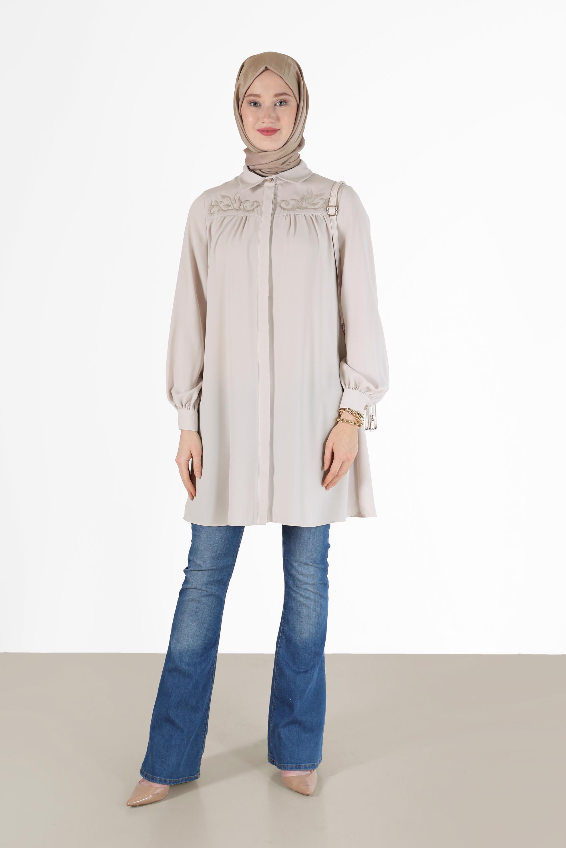 Hijab clothing BEIGE EMBROIDERY DETAIL TUNIC 42290 