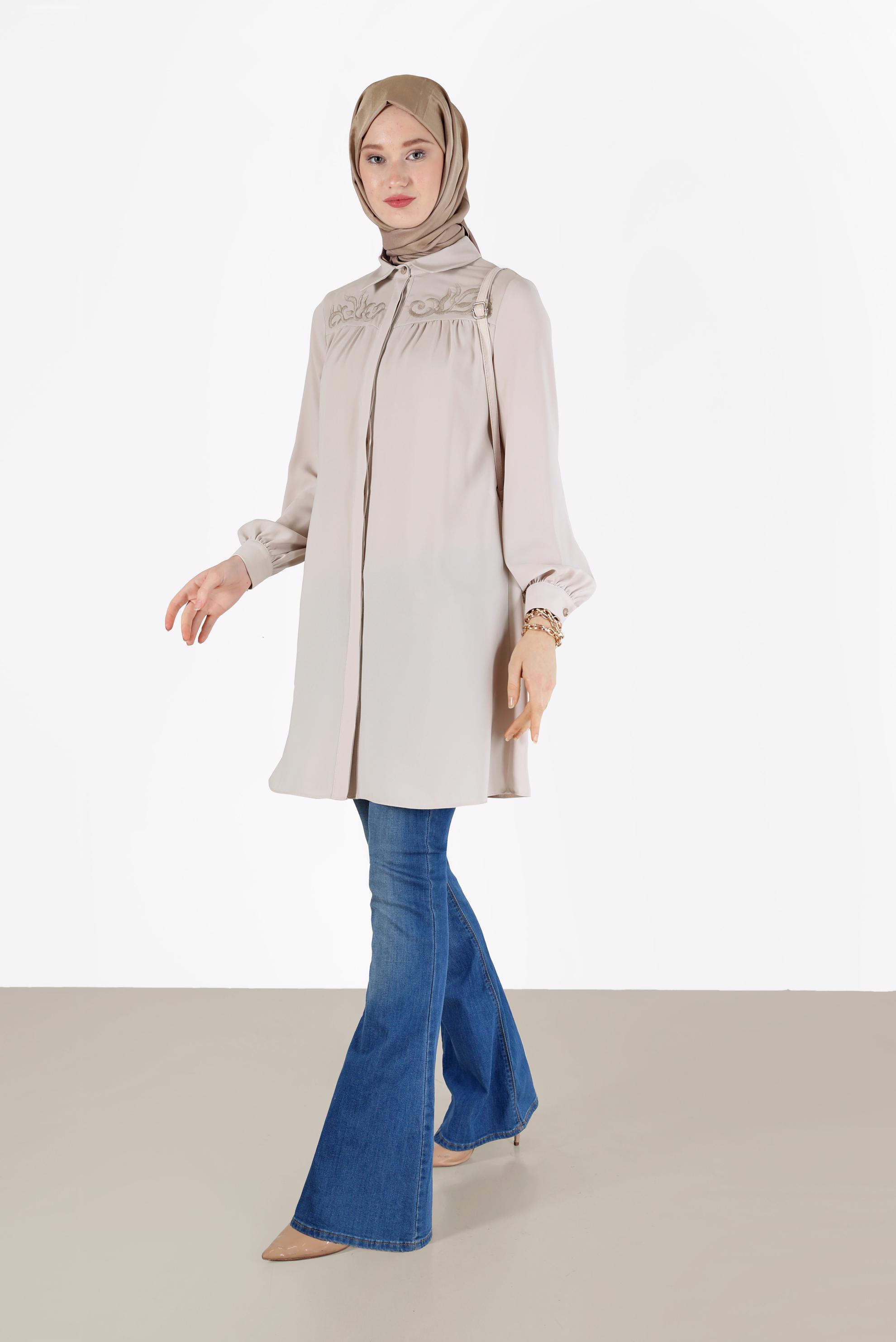 Hijab clothing BEIGE EMBROIDERY DETAIL TUNIC 42290 