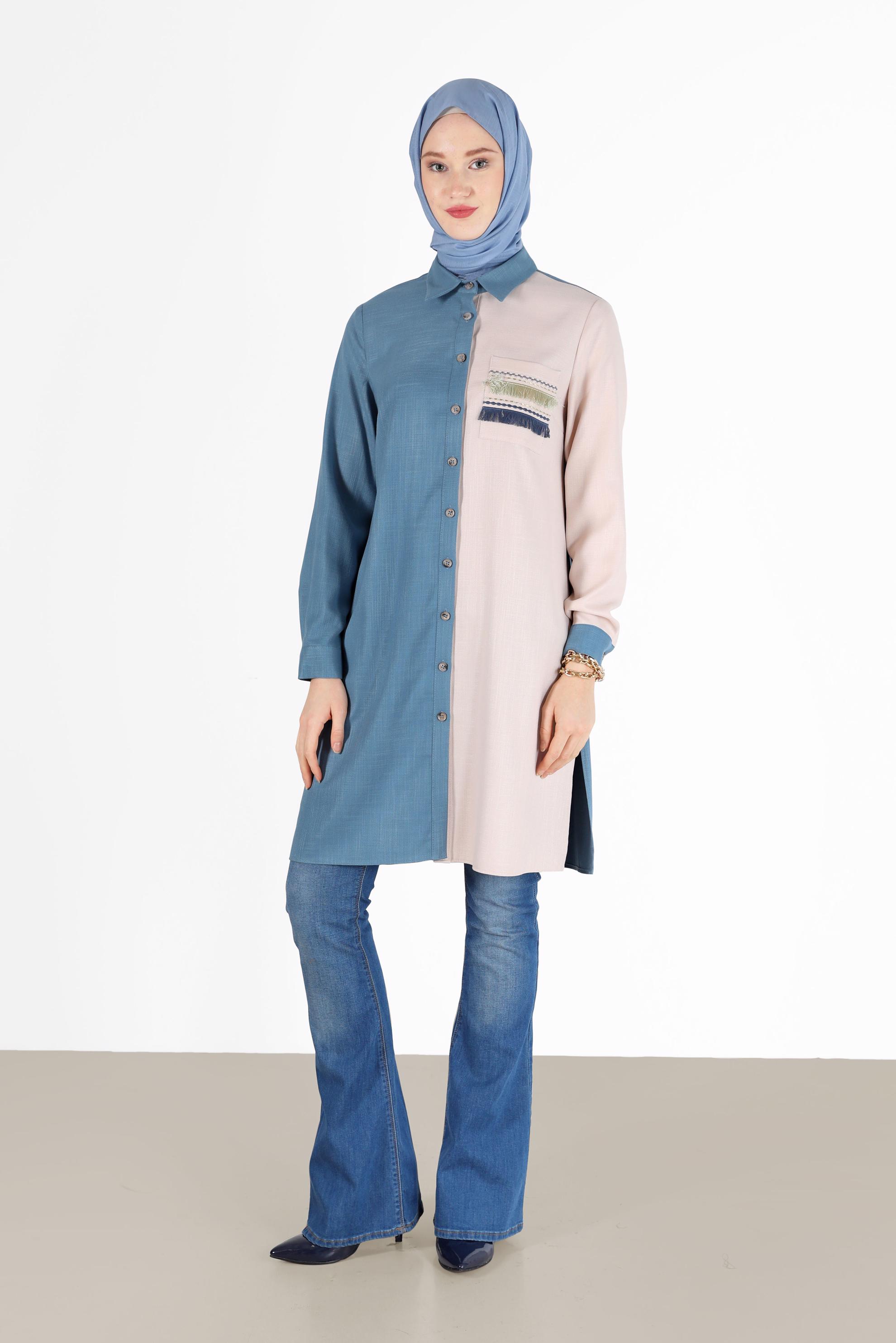 Hijab clothing BLUE FRINGE DETAIL 2-COLOR TUNIC 42291 