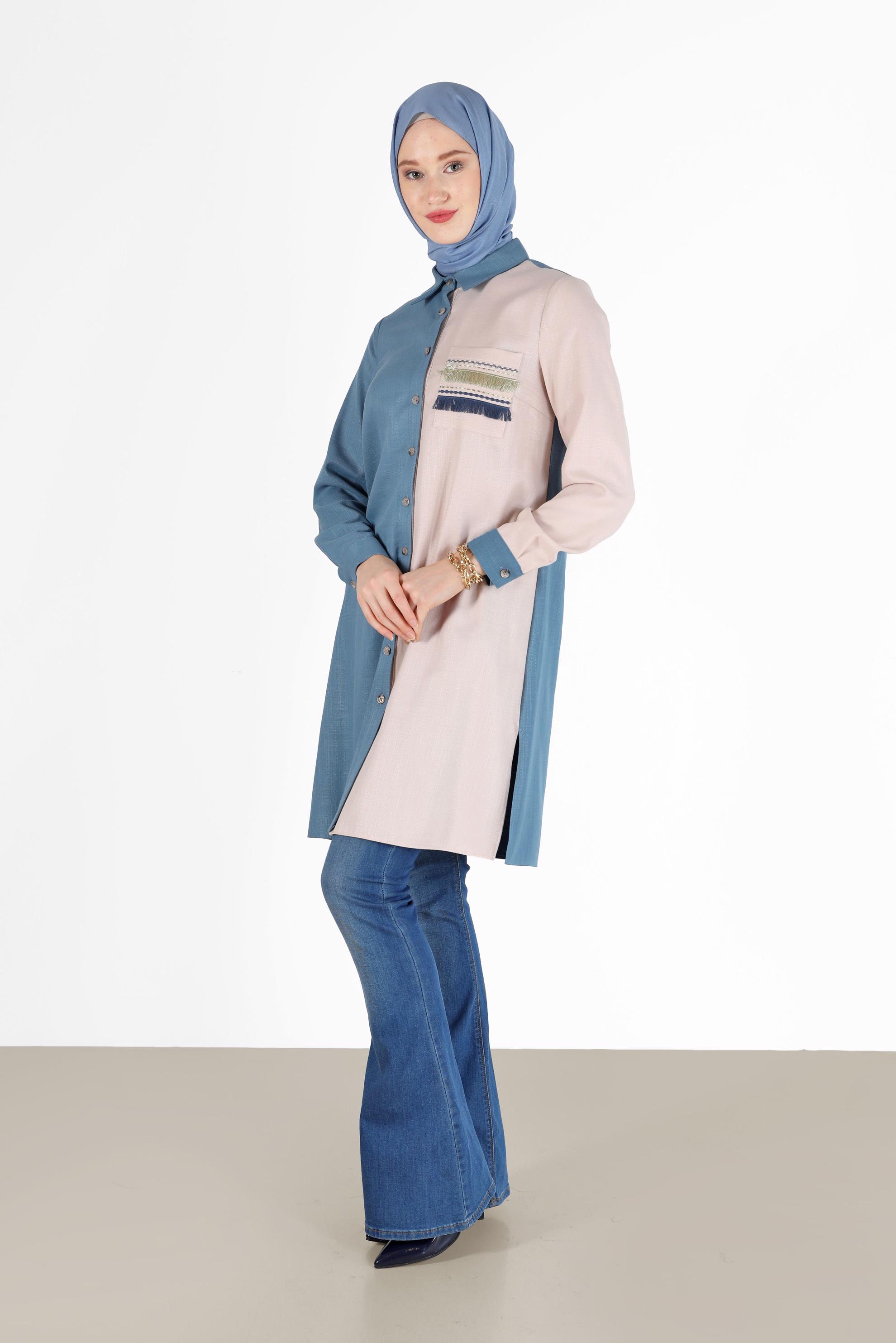 Hijab clothing BLUE FRINGE DETAIL 2-COLOR TUNIC 42291 
