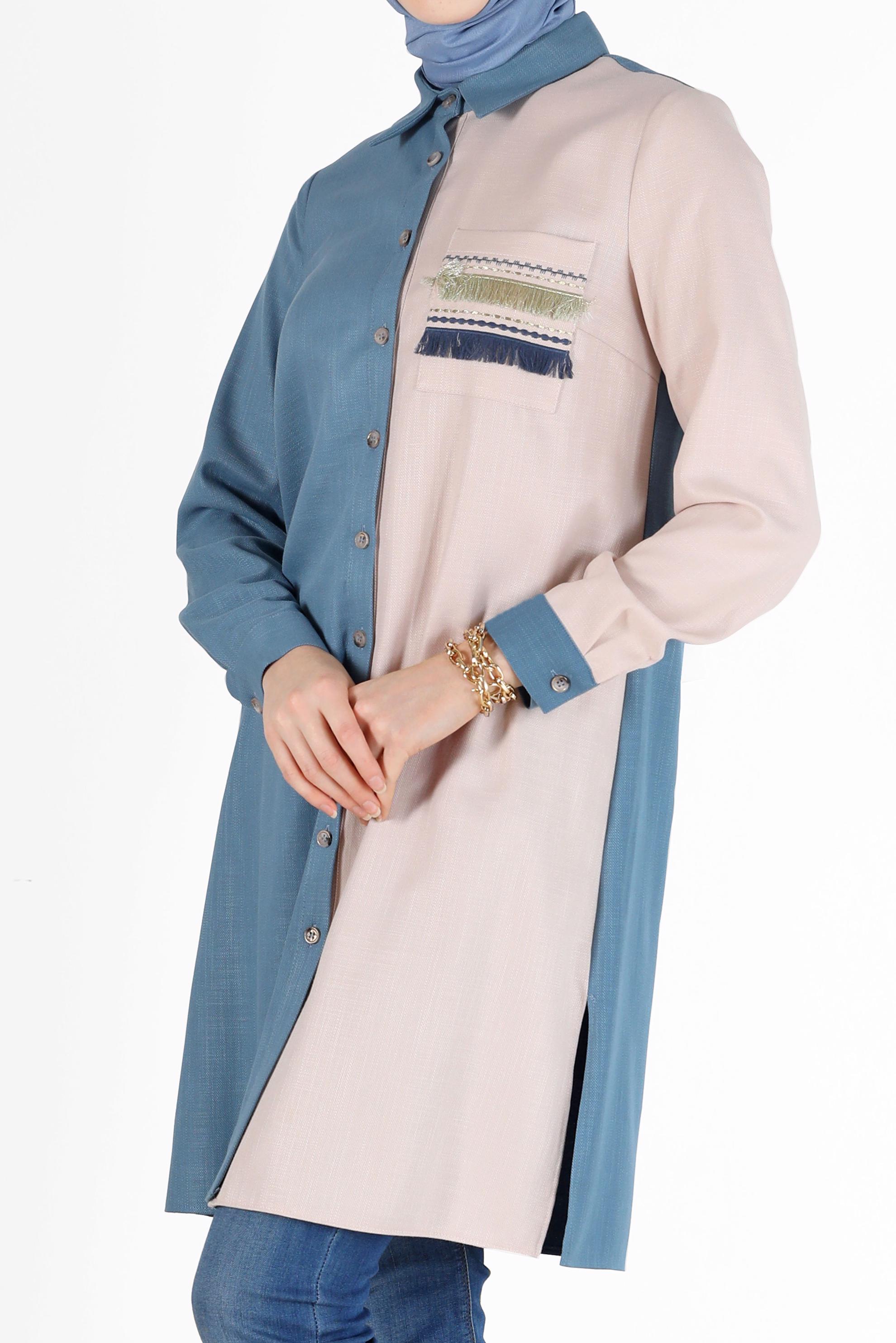Hijab clothing BLUE FRINGE DETAIL 2-COLOR TUNIC 42291 