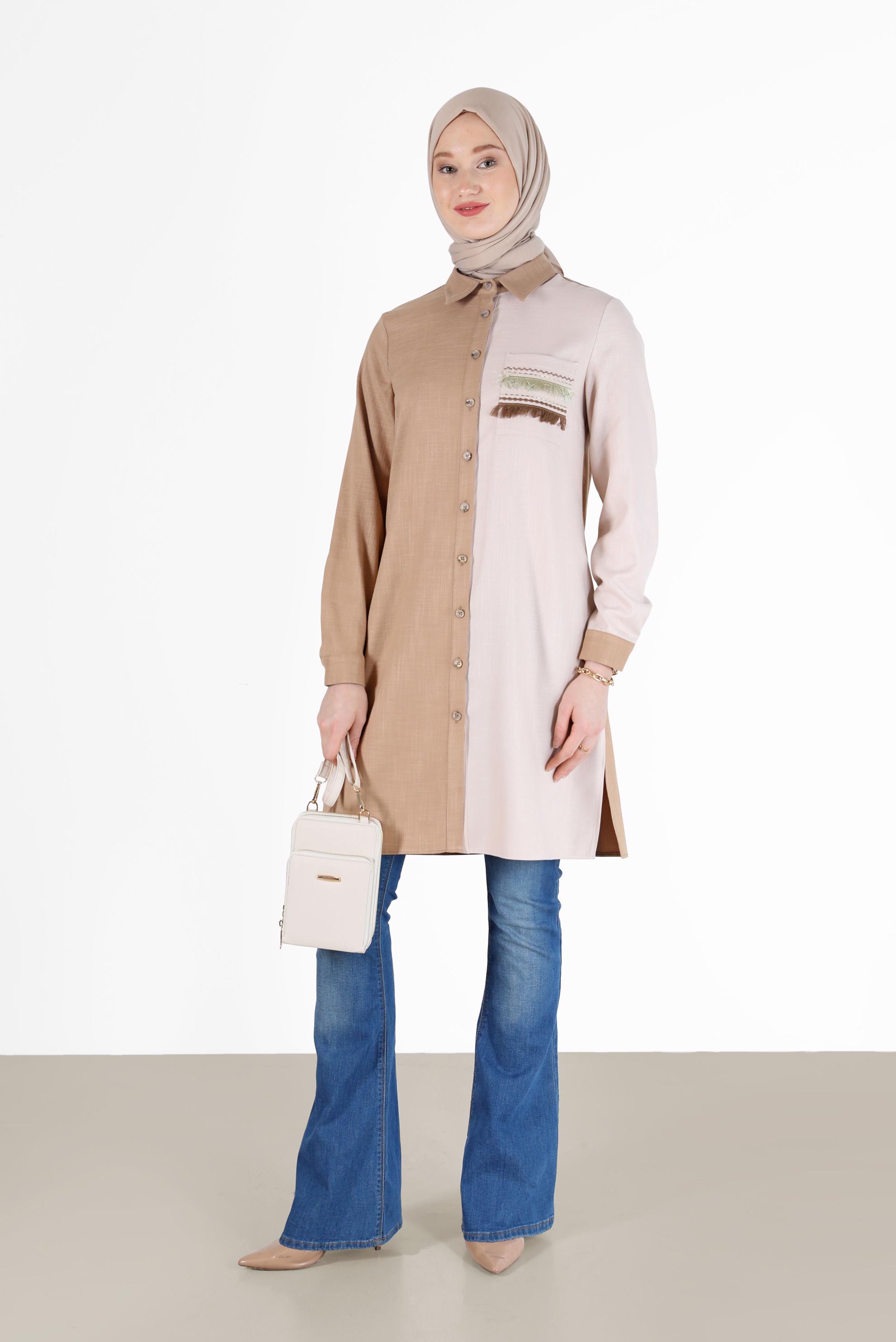Hijab clothing BROWN FRINGE DETAIL 2-COLOR TUNIC 42291 