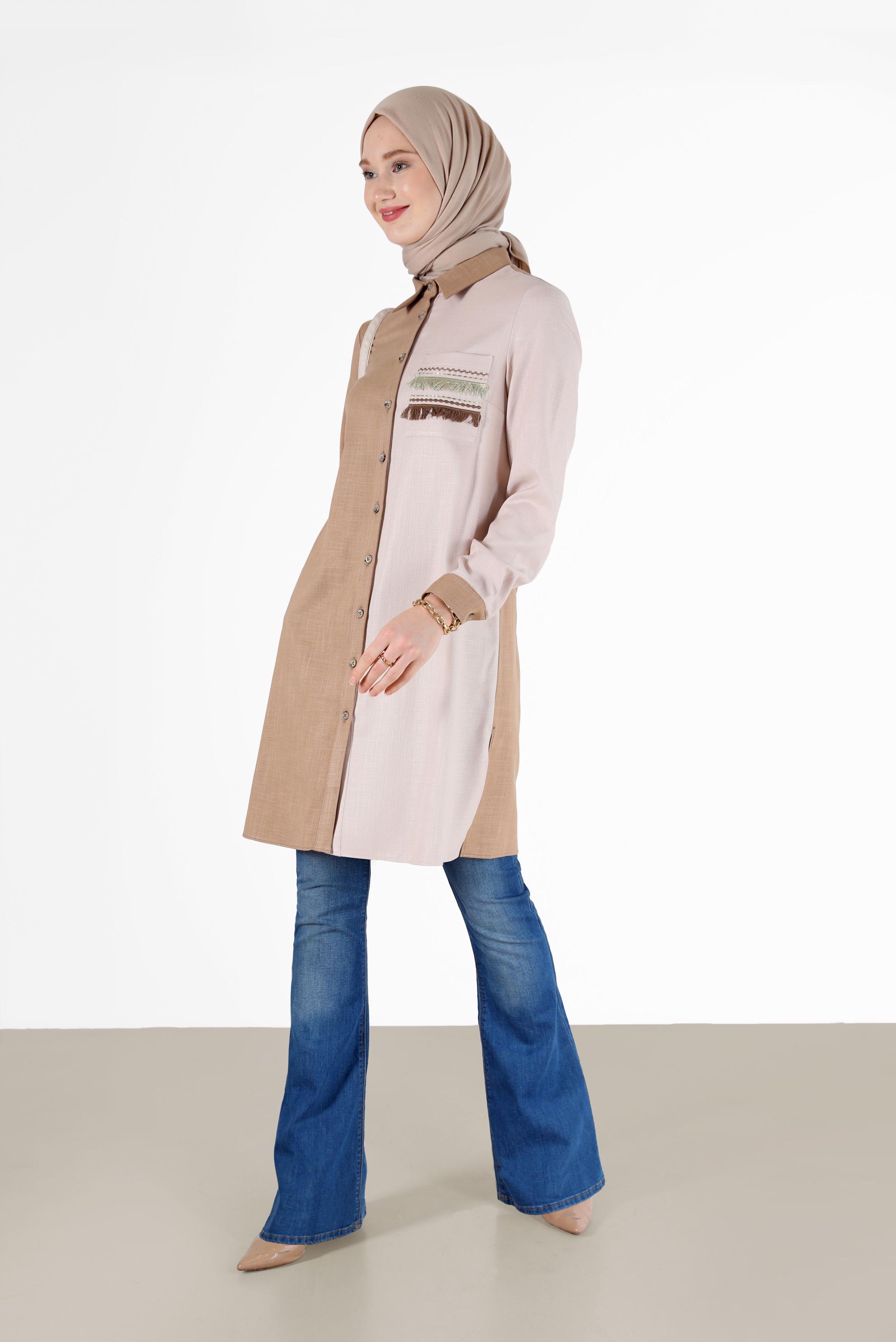 Hijab clothing BROWN FRINGE DETAIL 2-COLOR TUNIC 42291 