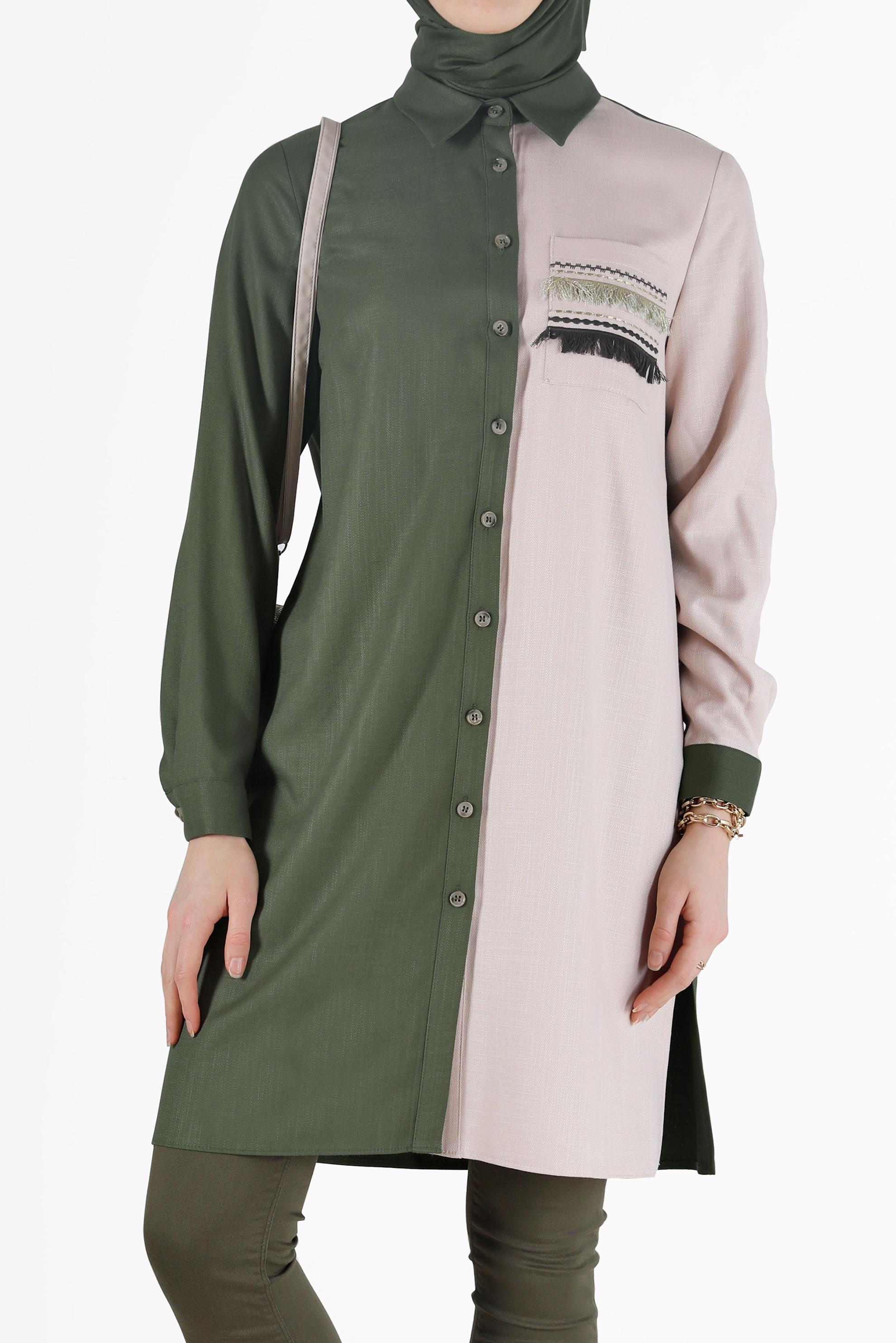 Hijab clothing KHAKI FRINGE DETAIL 2-COLOR TUNIC 42291 