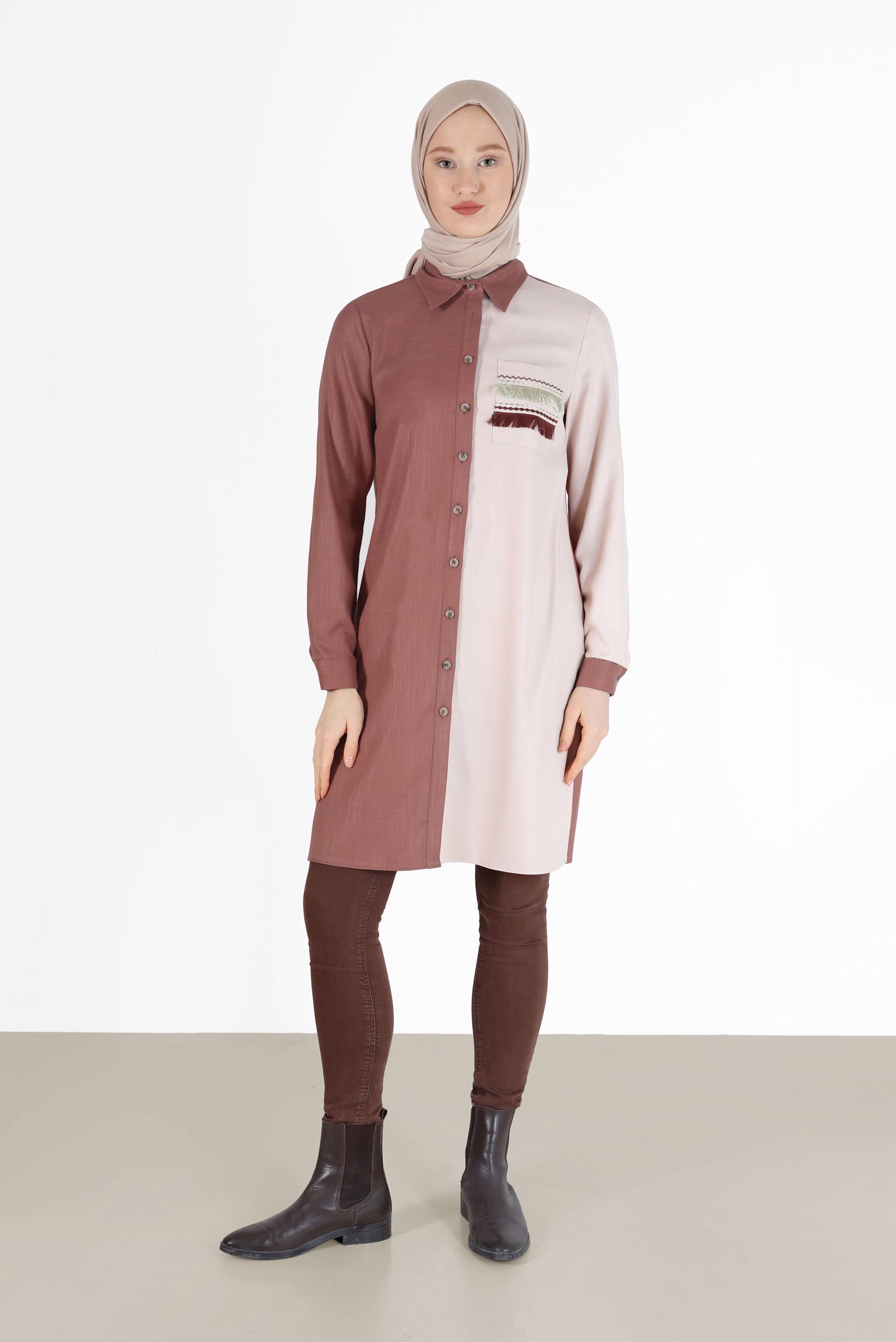 Tesettür giyim TURUNCU PÜSKÜL DETAYLI İKİ RENK TUNİK 42291